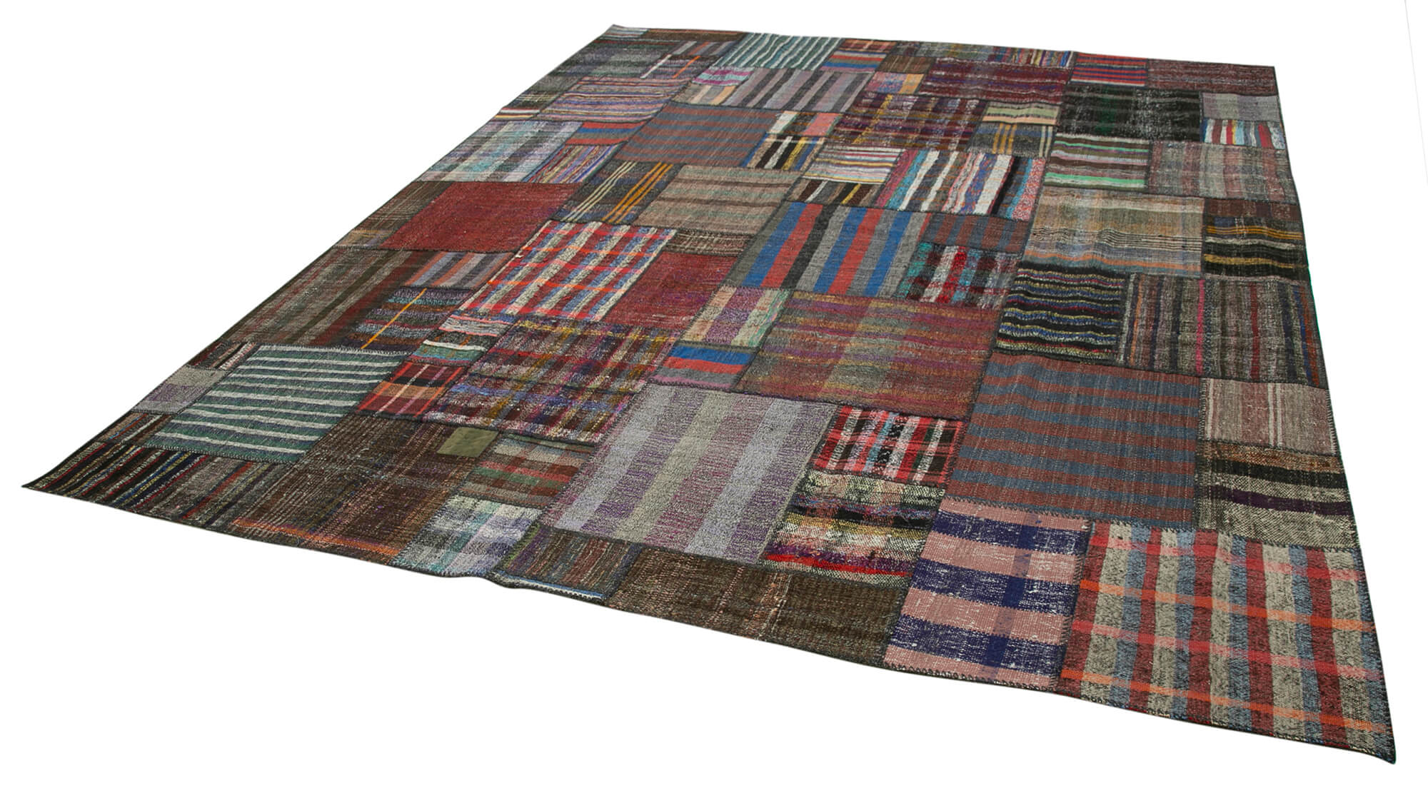 Handmade Area Rug – Brown Patchwork Cotton Wool Vintage Turkish Carpet 10'10''x13'3''