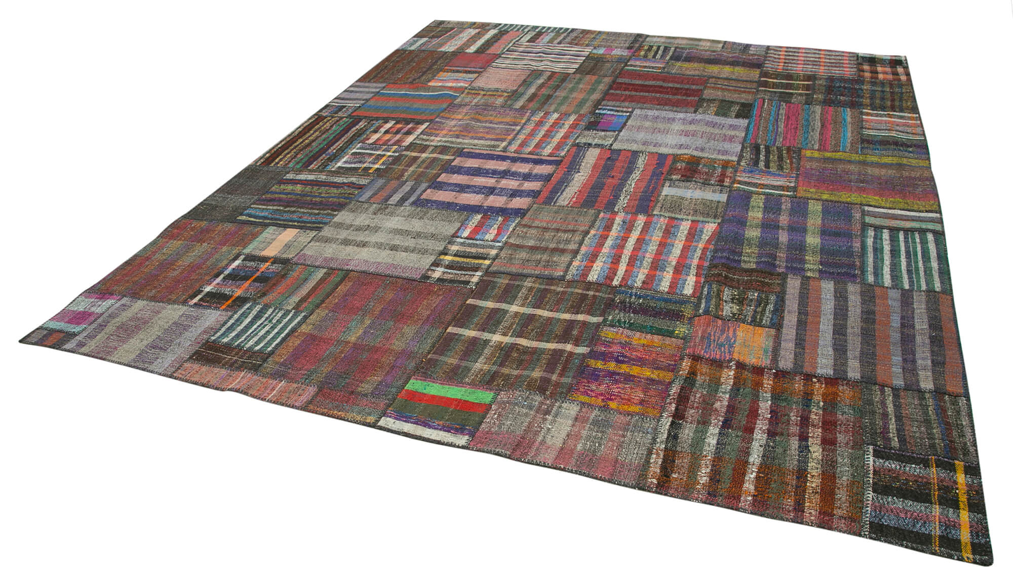 Handmade Wool Area Rug - Kirk Yama Grey Patchwork Cotton Wool Rug 10'9''x13'5''