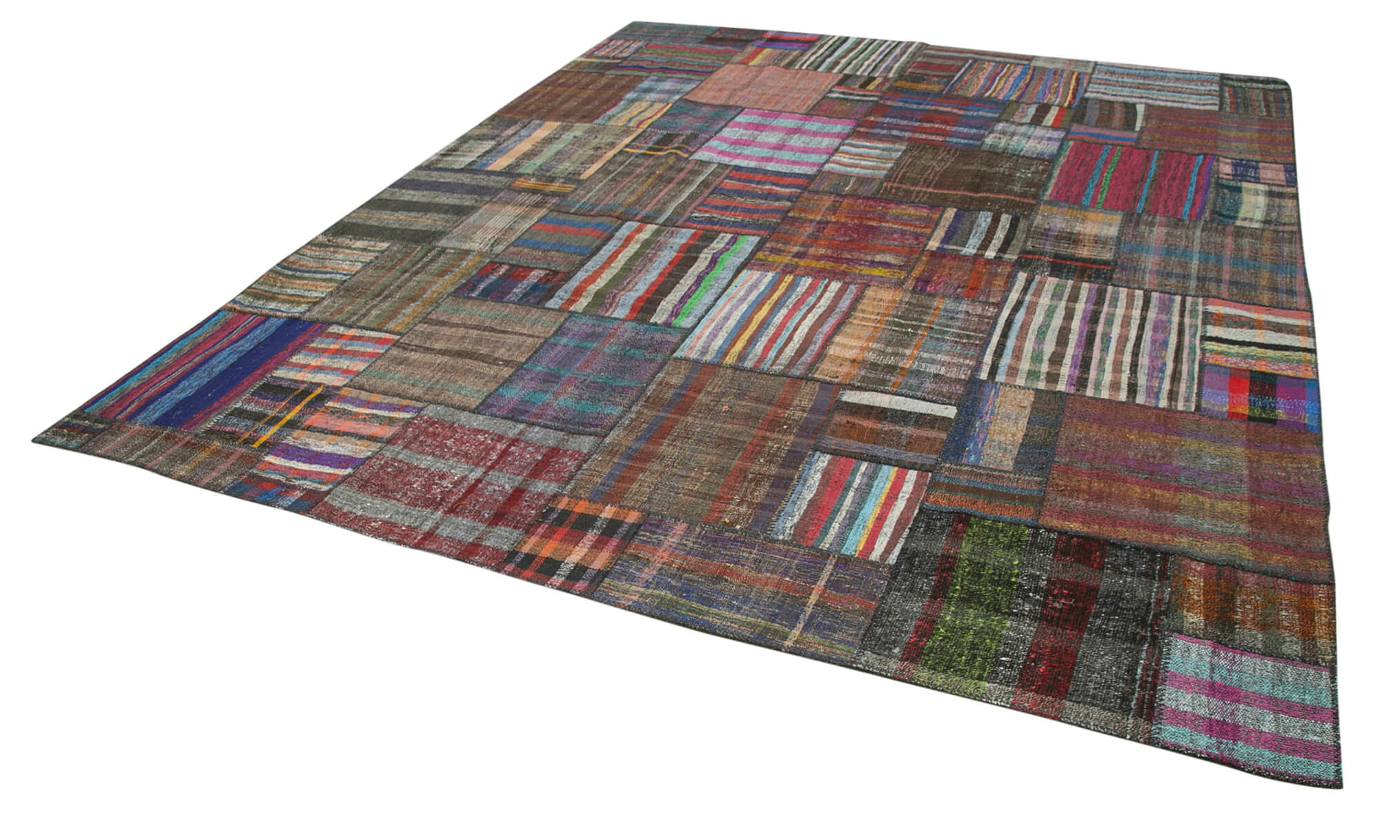 Handmade Area Rug - Brown Patchwork Cotton Wool Turkish Wool Carpet 10'9'' x 13'3''