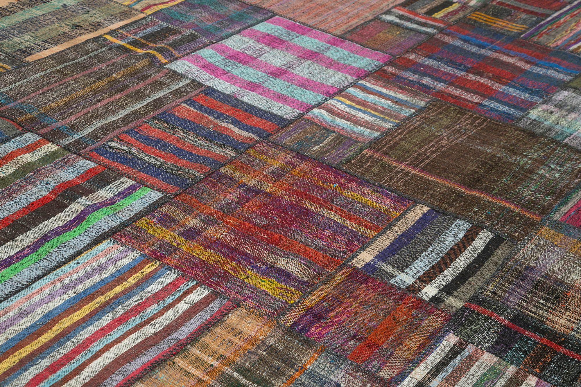 Handmade Area Rug - Brown Patchwork Cotton Wool Turkish Wool Carpet 10'9'' x 13'3''