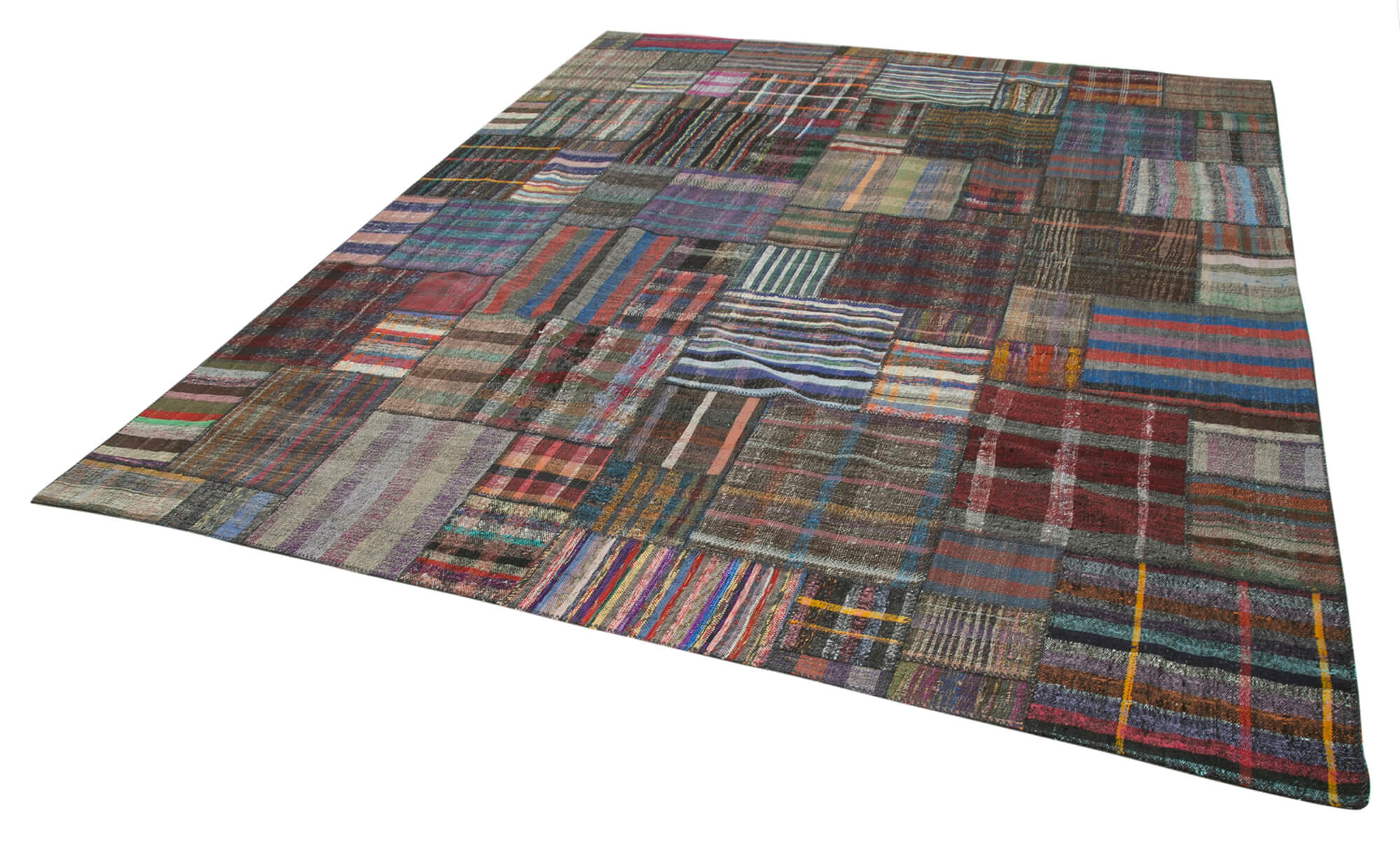 Handmade Patchwork Rug - Large Brown Cotton Wool Blend Area Rug 10'9''x13'5''
