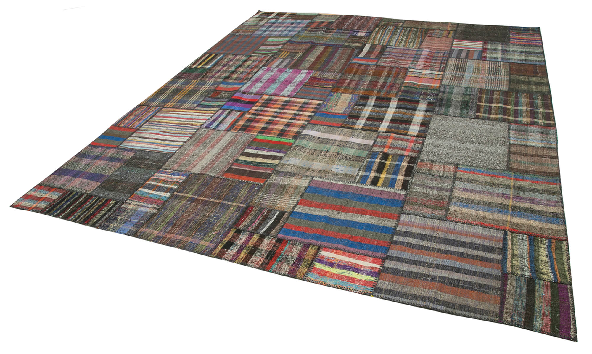 Handmade Area Rug - Grey Patchwork Design Cotton Wool Carpet 10'10''x13'6''