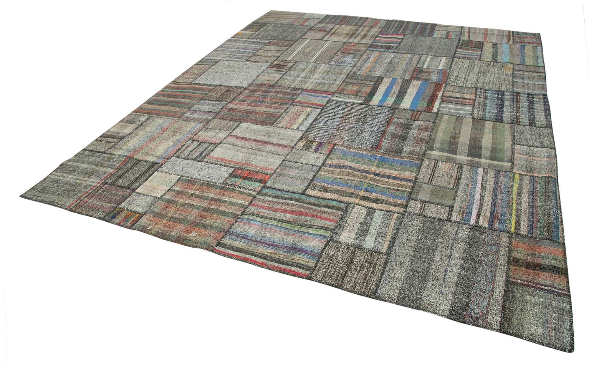 Handmade Wool Area Rug - Kirk Yama Grey Patchwork Carpet 10'9''x13'4'' Durable Cotton