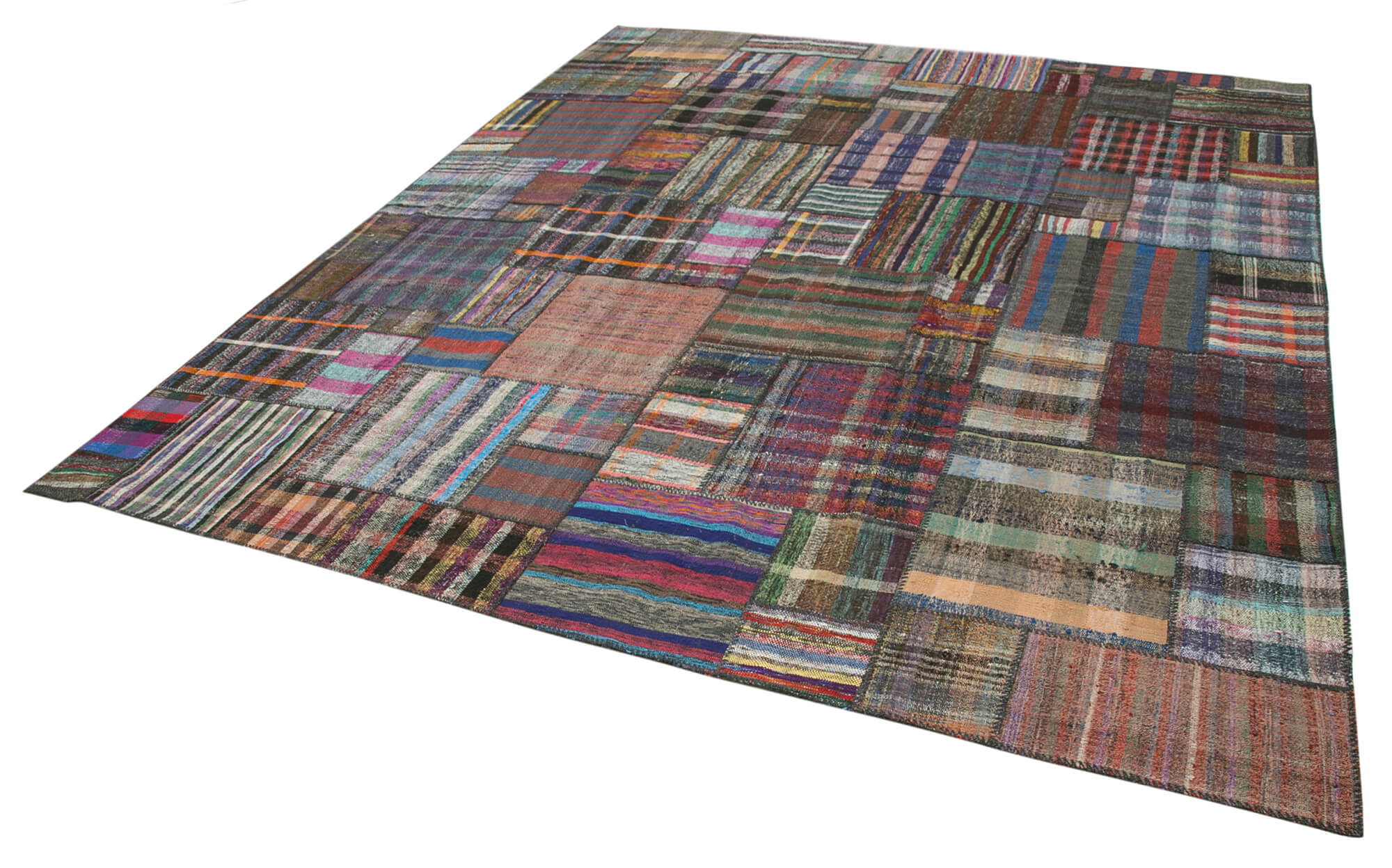 Handmade Patchwork Rug - Kirk Yama Brown Cotton Wool Vintage Area Carpet 10'9"x13'3"