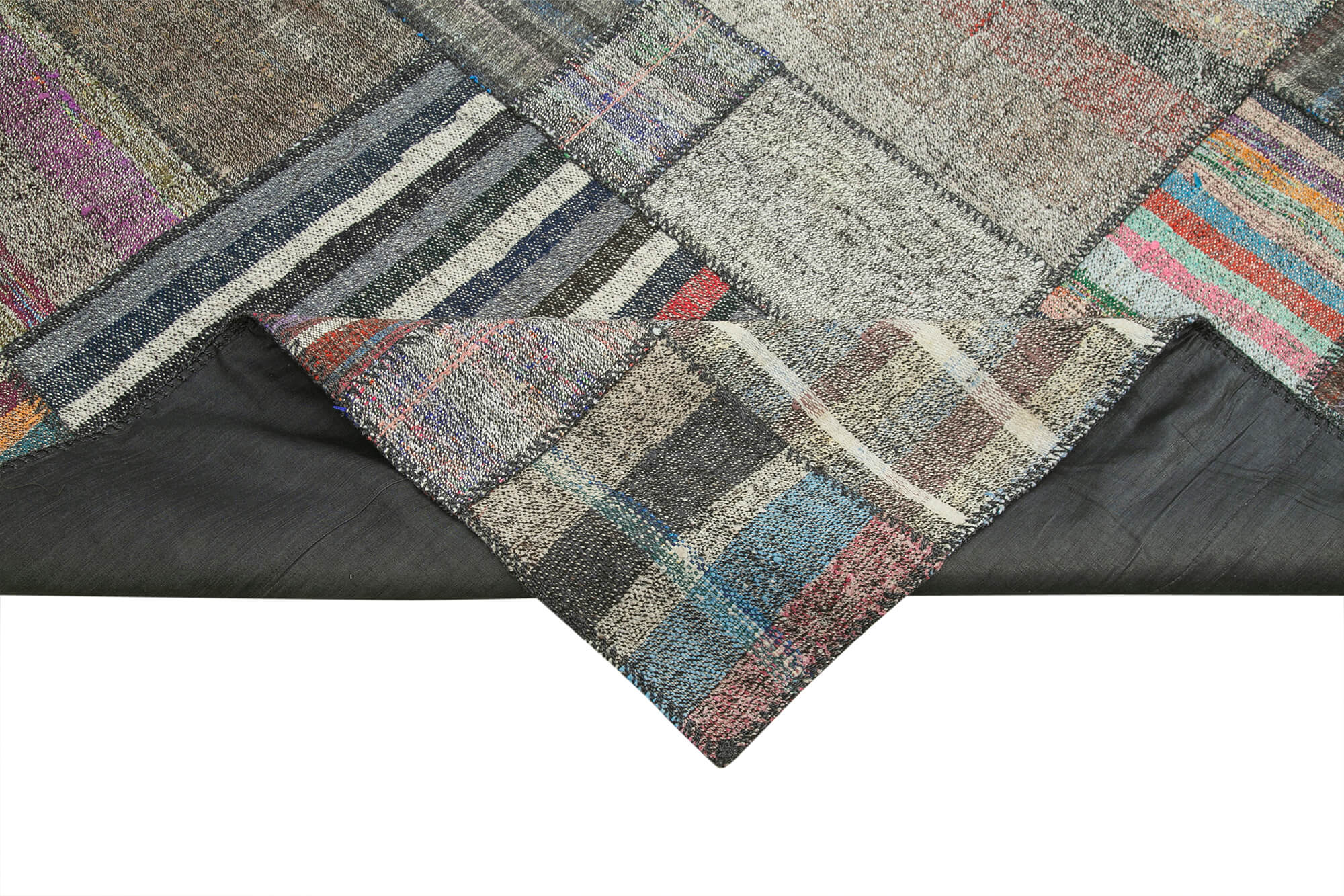 Handmade Area Rug – Grey Patchwork Carpet 10'9"x13'7" Durable Wool Cotton Weave