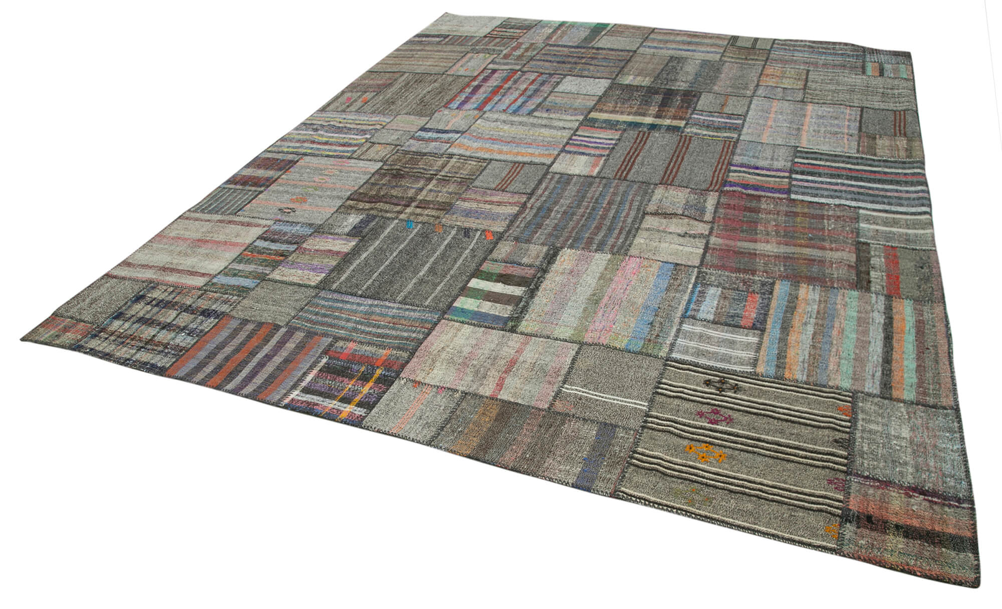 Handmade Area Rug - Grey Patchwork Cotton Wool Vintage Handwoven Carpet 10'10''x13'7''