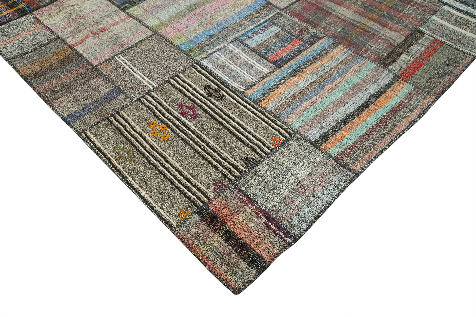 Handmade Area Rug - Grey Patchwork Cotton Wool Vintage Handwoven Carpet 10'10''x13'7''