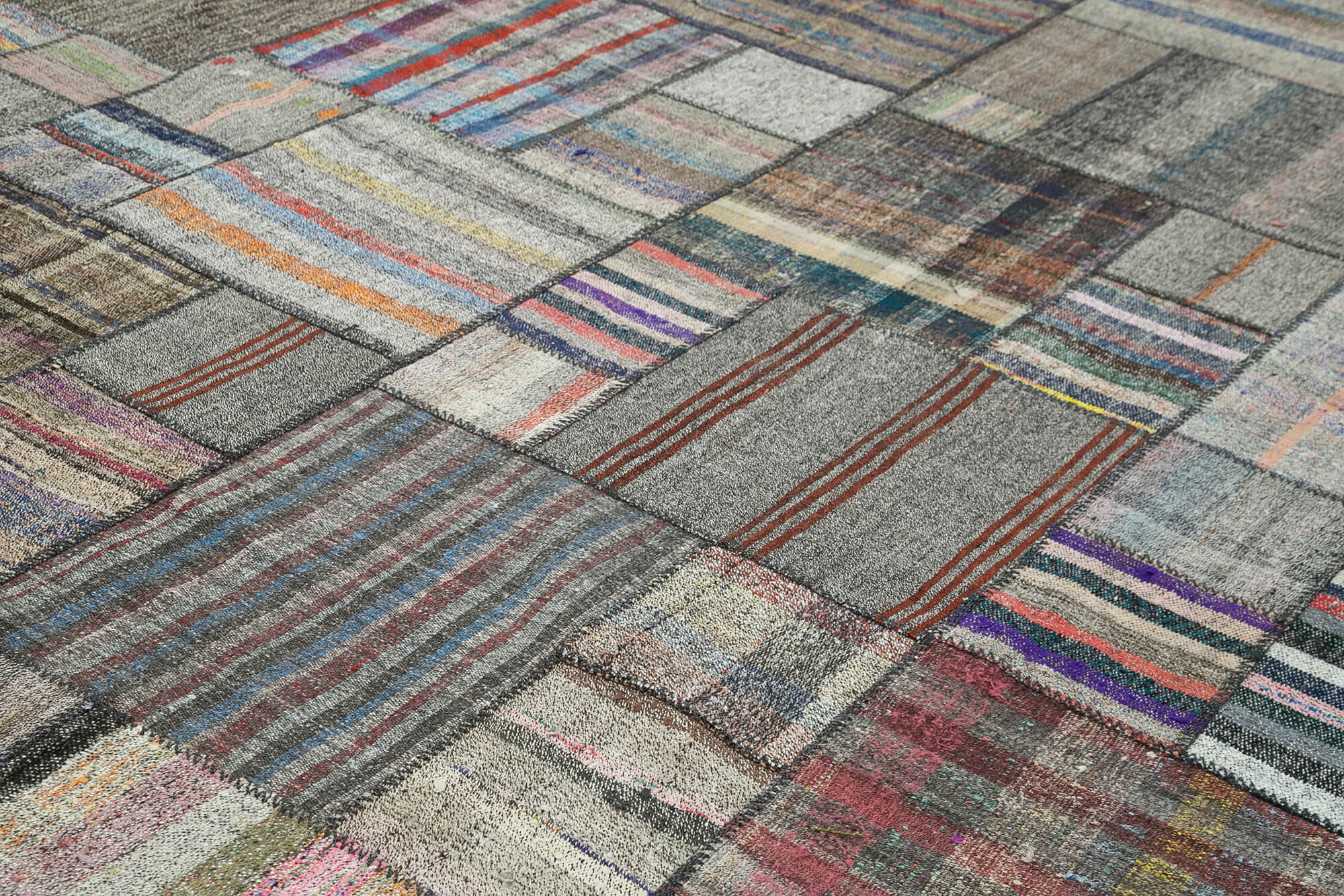 Handmade Area Rug - Grey Patchwork Cotton Wool Vintage Handwoven Carpet 10'10''x13'7''