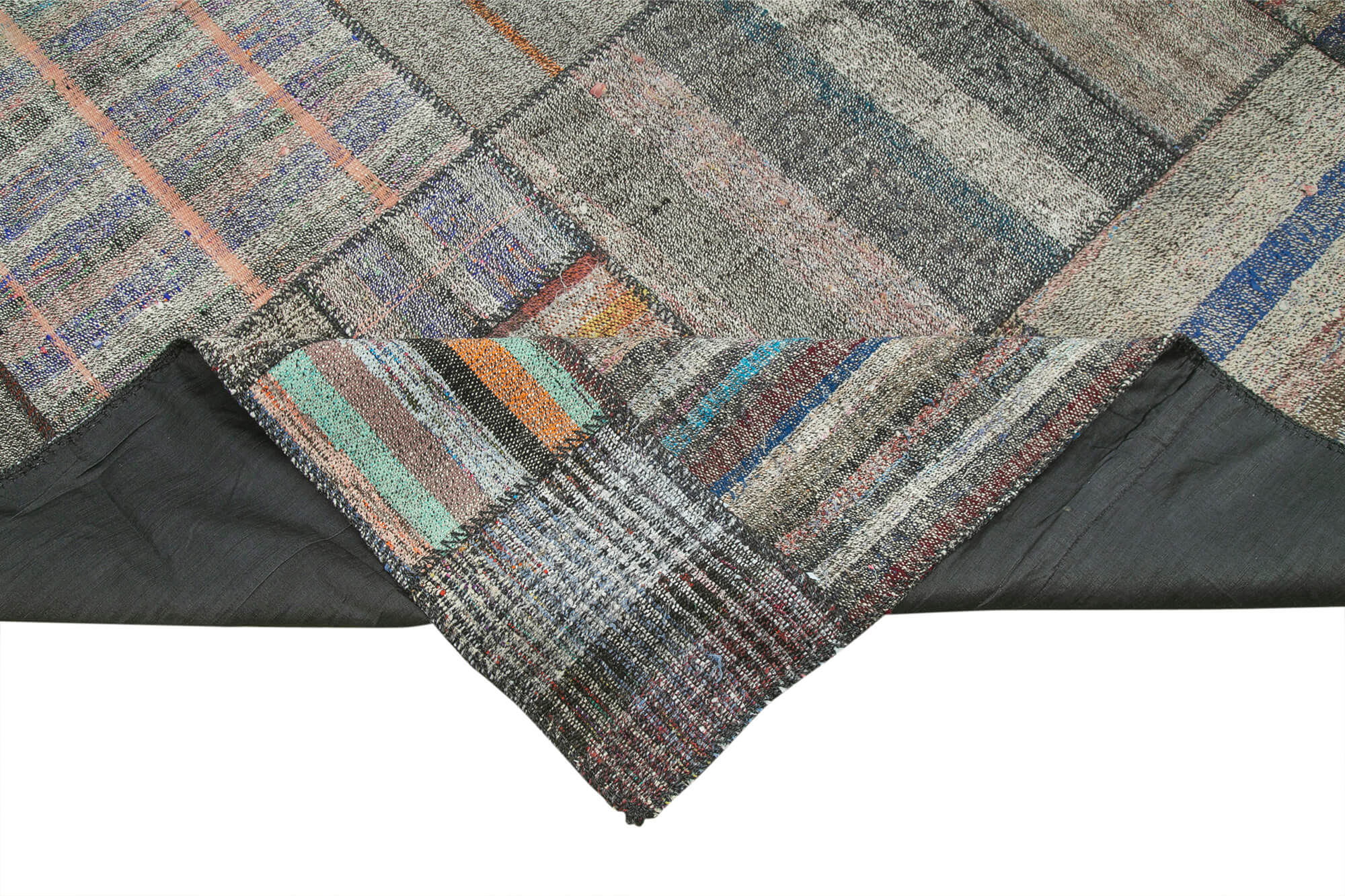 Handmade Area Rug - Grey Patchwork Cotton Wool Vintage Handwoven Carpet 10'10''x13'7''