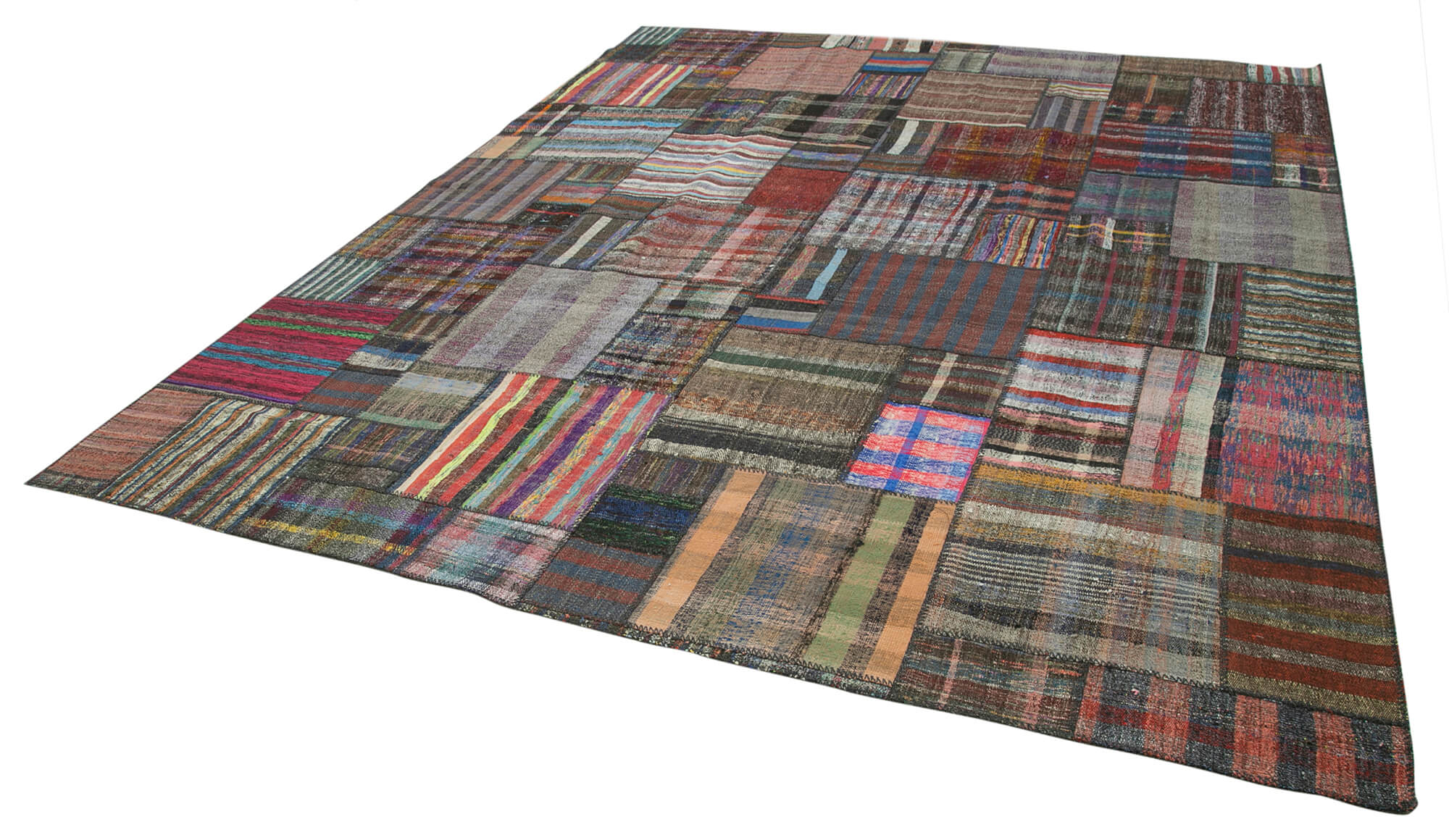 Handmade Patchwork Rug - Brown Patchwork Carpet Cotton Wool Blend Area Rug 10'9''x13'3''