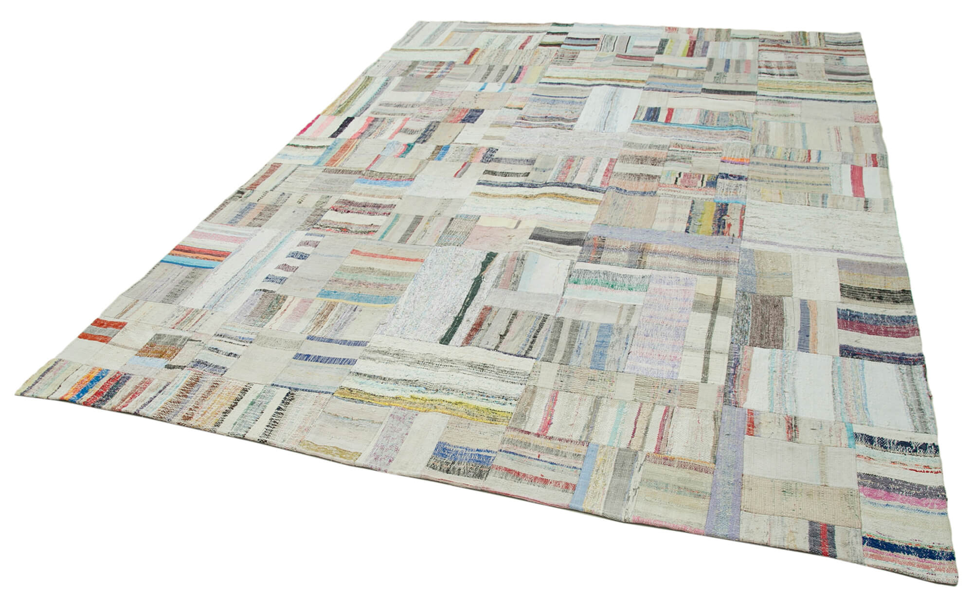 Handmade Patchwork Area Rug - Beige Cotton Wool Rug 8'x11'6'' Vintage Turkish Carpet