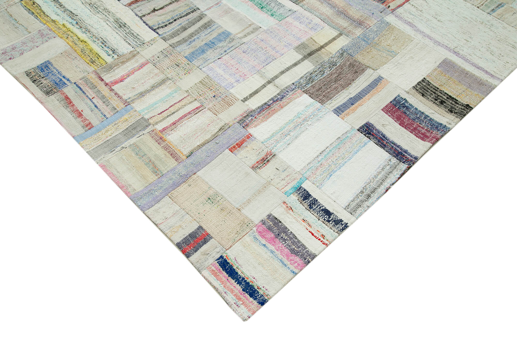 Handmade Patchwork Area Rug - Beige Cotton Wool Rug 8'x11'6'' Vintage Turkish Carpet
