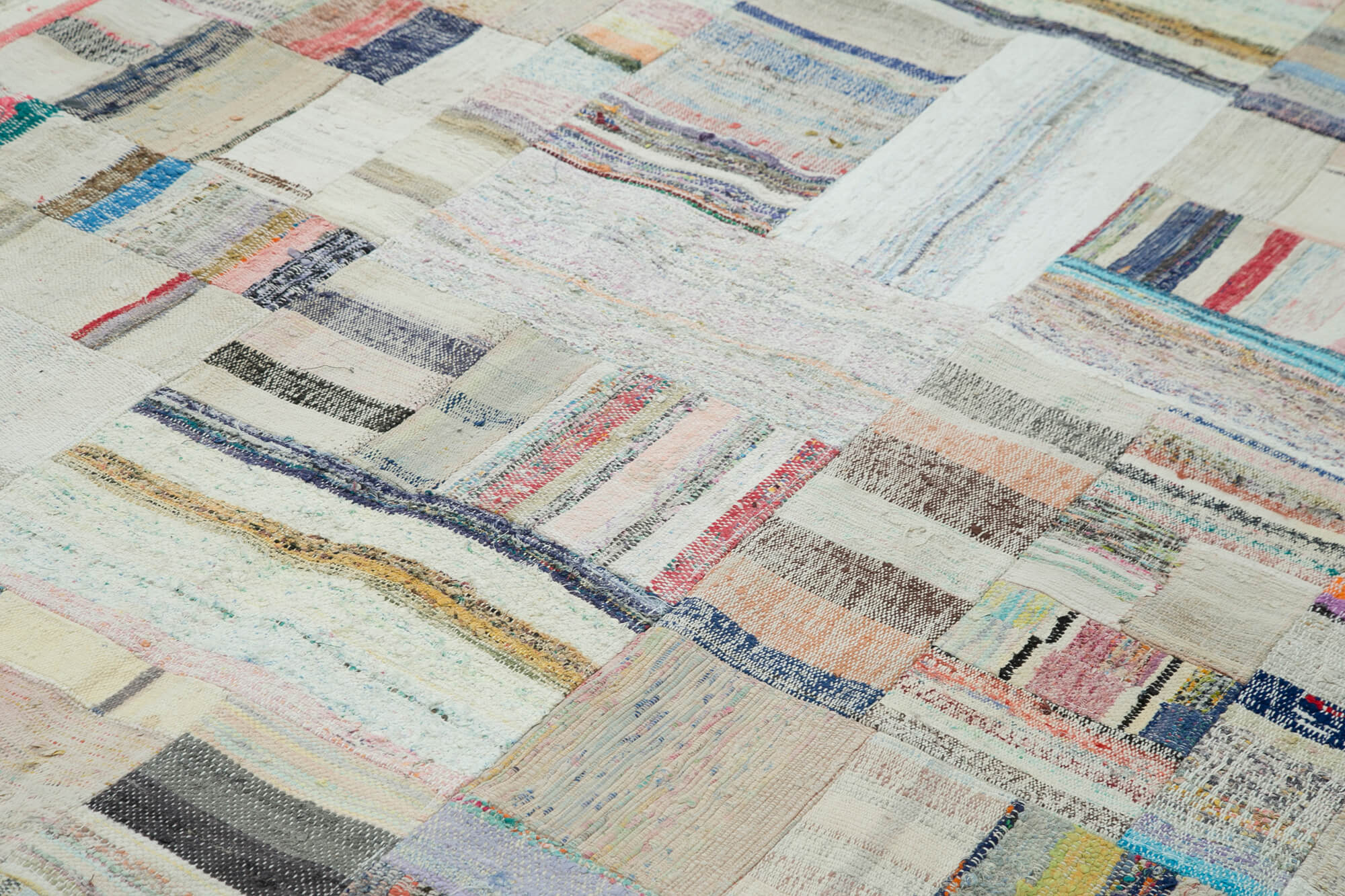 Handmade Patchwork Area Rug - Beige Cotton Wool Rug 8'x11'6'' Vintage Turkish Carpet