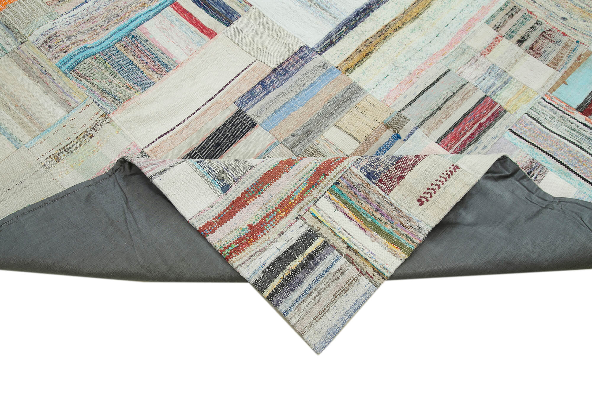 Handmade Patchwork Area Rug - Beige Cotton Wool Rug 8'x11'6'' Vintage Turkish Carpet