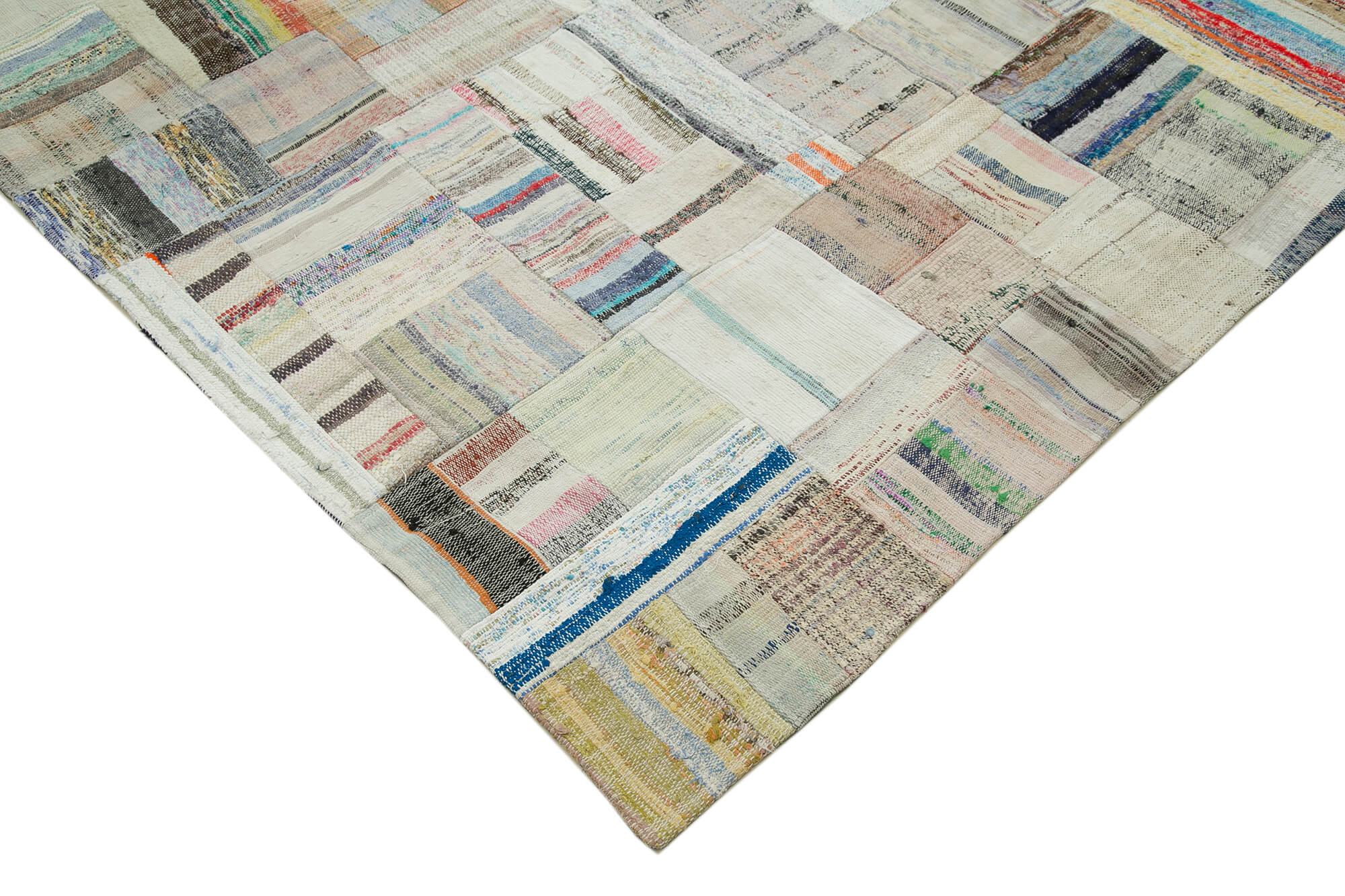 Handmade Area Rug - Grey Patchwork Cotton Wool Vintage Handwoven Carpet 7'10''x11'6''