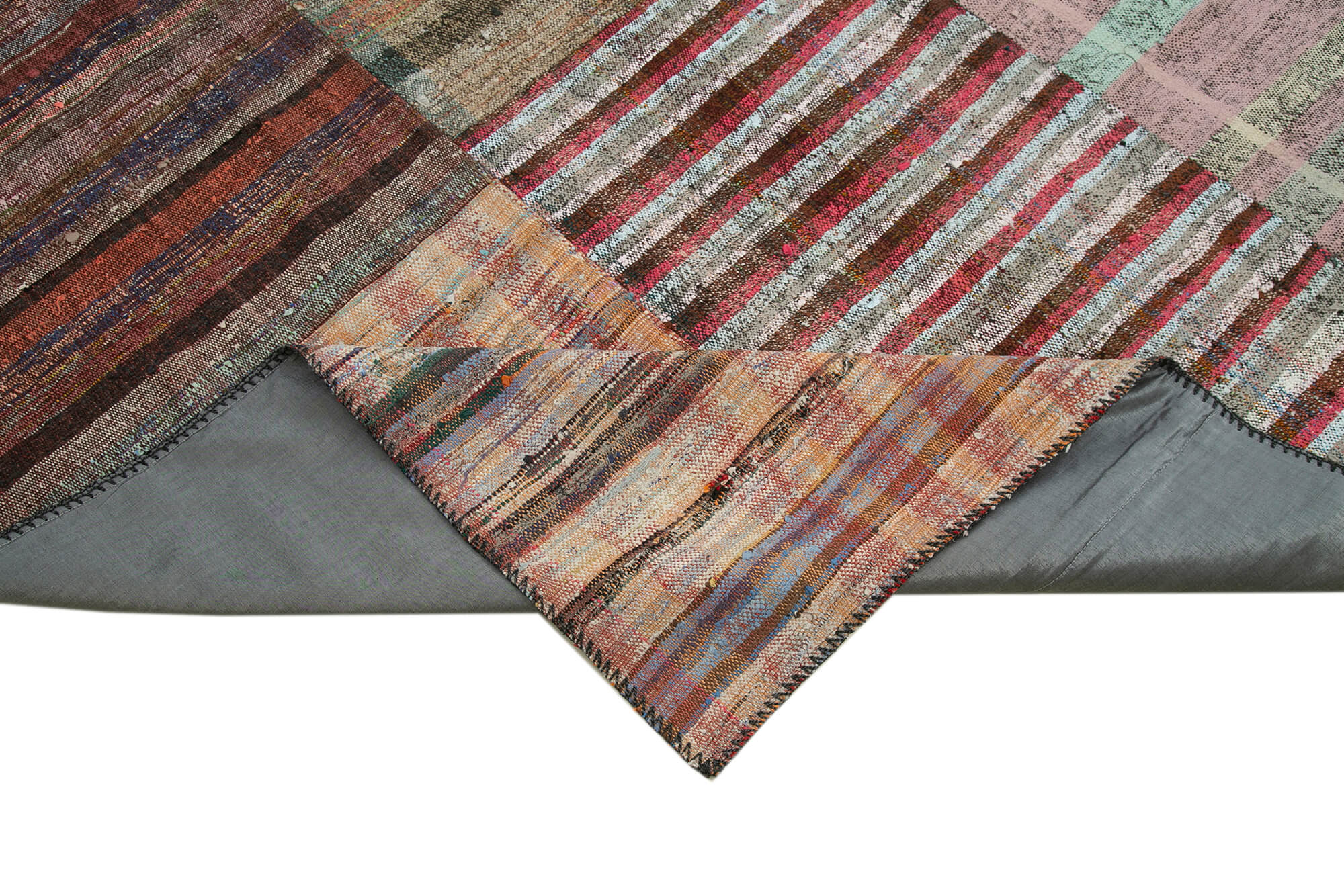 Handmade Wool Area Rug - Kirk Yama Grey Patchwork Cotton Wool Rug 8'8''x11'11''