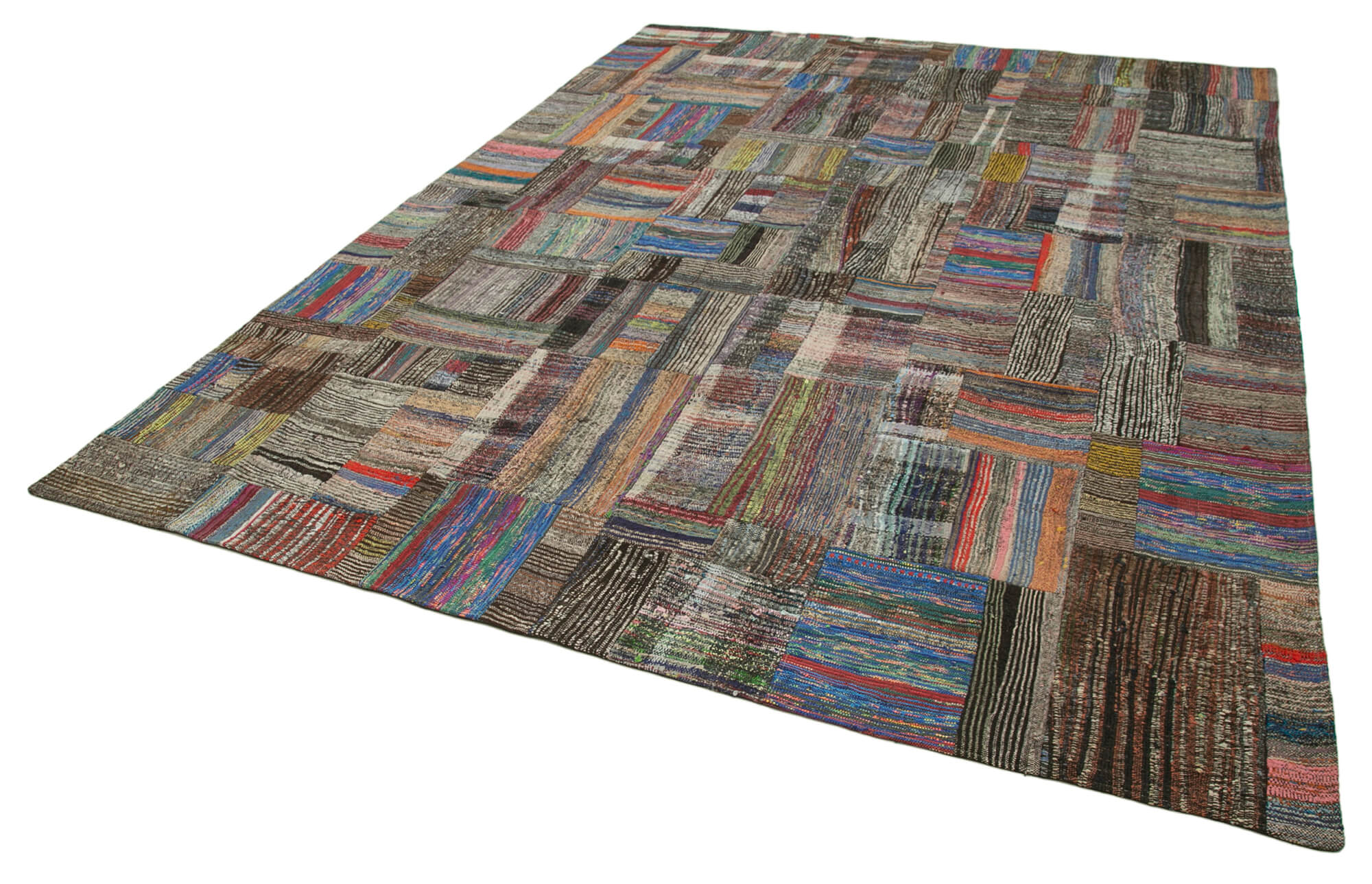 Handmade Wool Area Rug - Kirk Yama Grey Patchwork Cotton Wool Rug 8'7''x12'5''