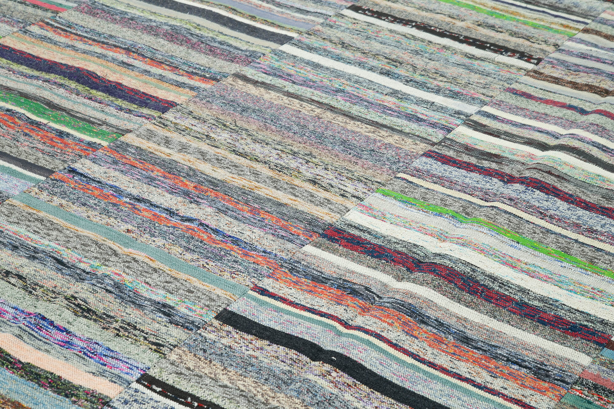 Handmade Area Rug - Kirk Yama Grey Patchwork Cotton Wool 10'x13'9'' Vintage Turkish Carpet