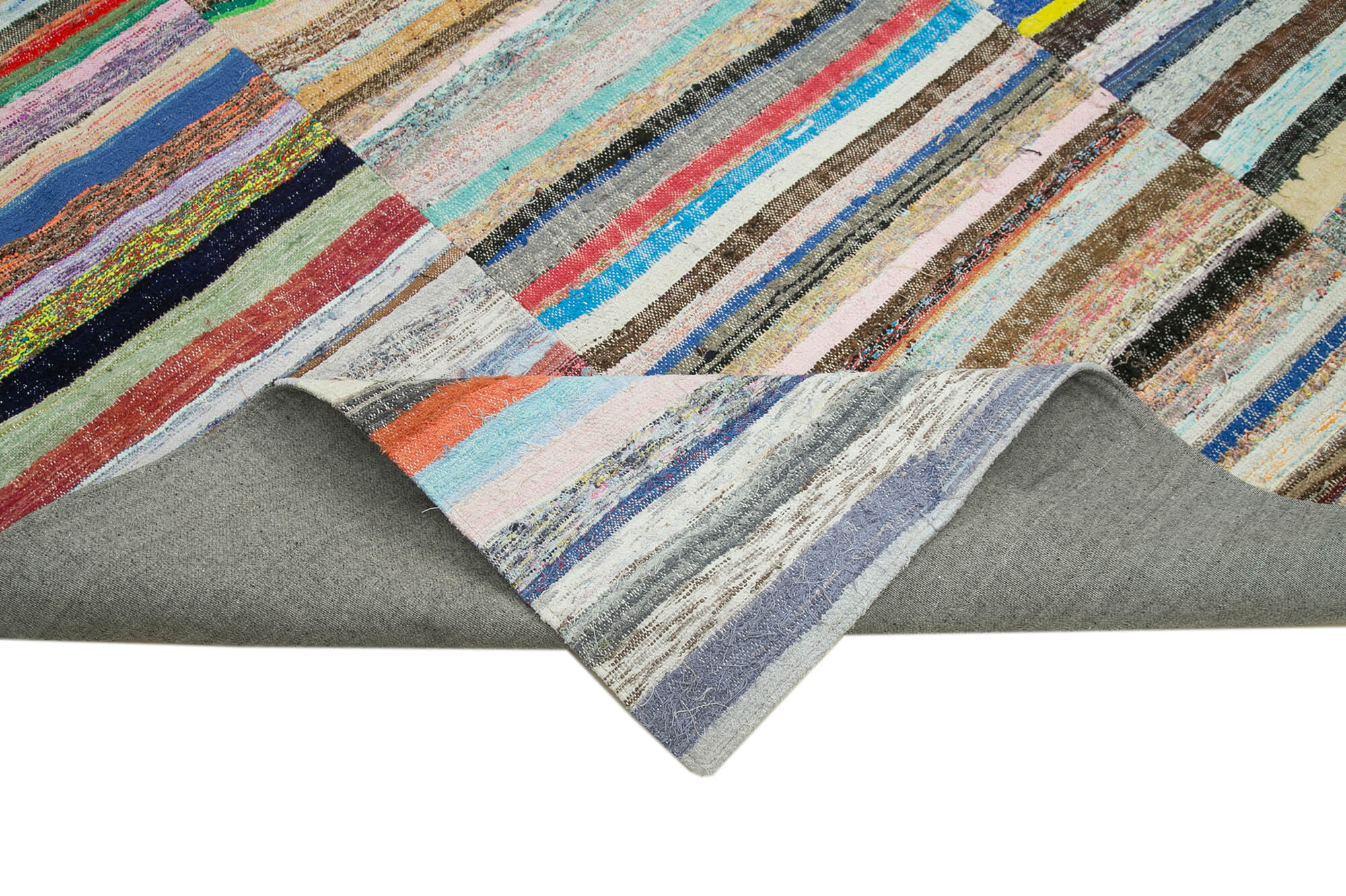 Handmade Wool Area Rug - Kirk Yama Grey Patchwork Cotton Wool Rug 9'x12'11''