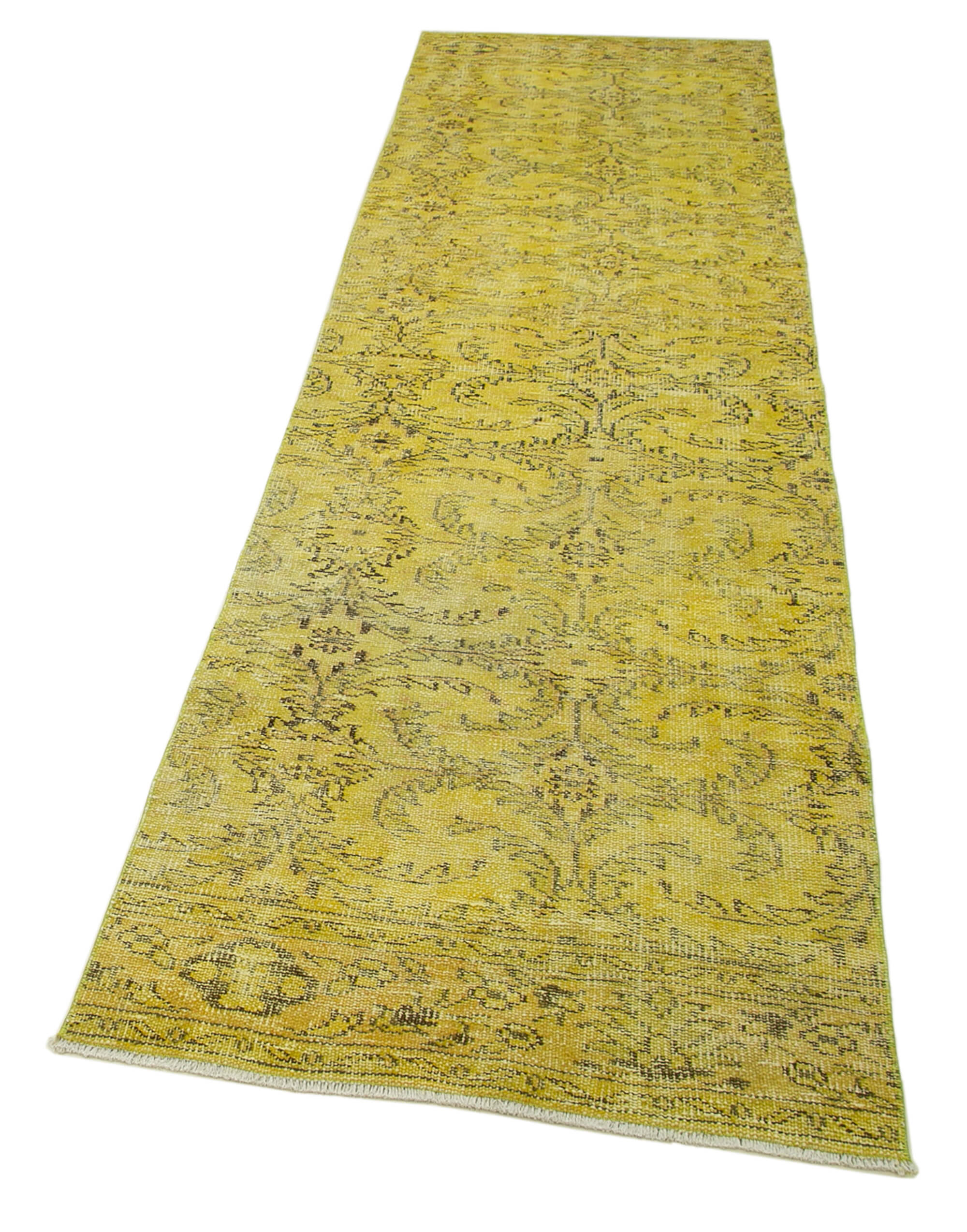 Handmade Vintage Area Rug – Overdyed Yellow Cotton Wool Carpet 2'8''x9'6''