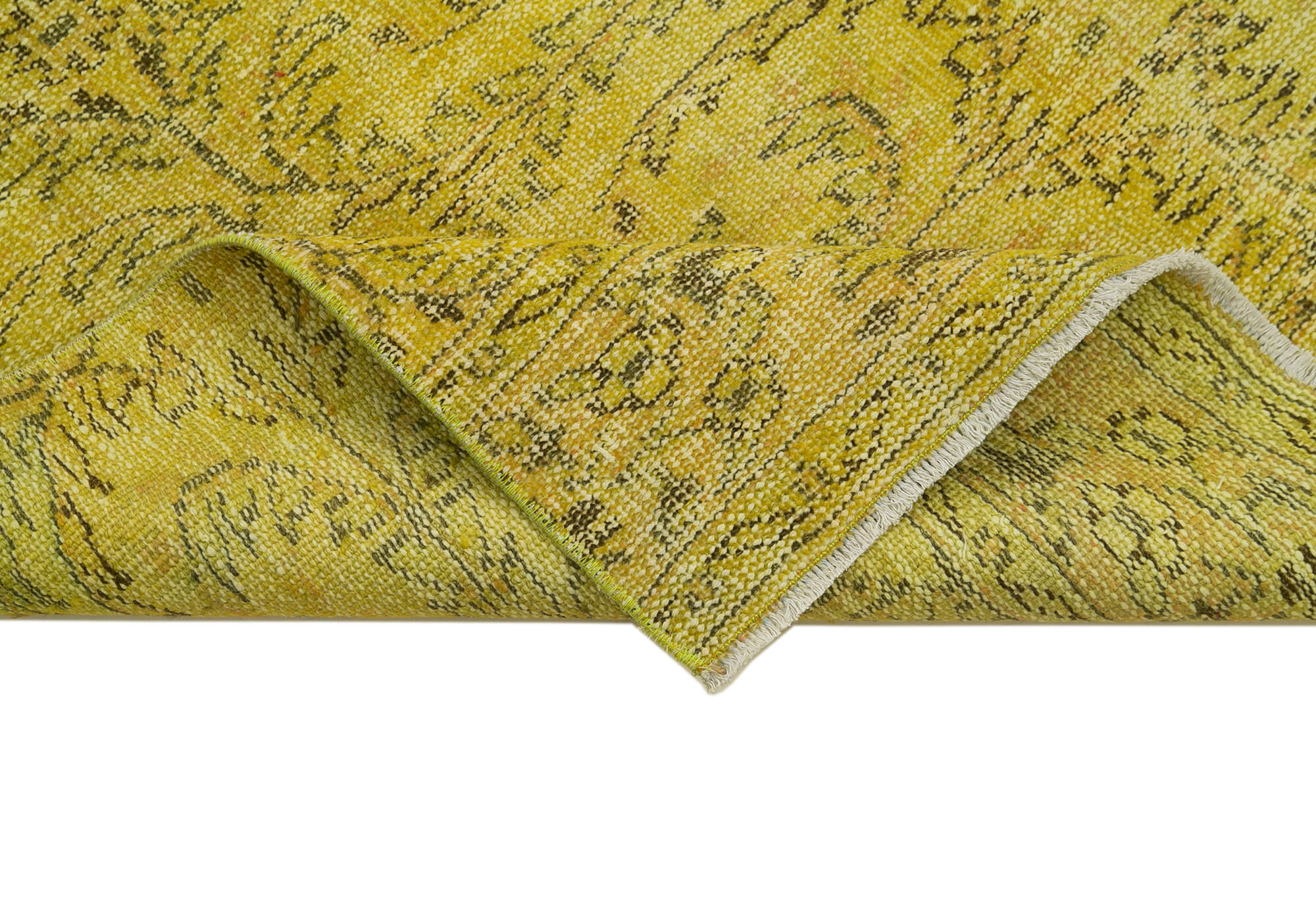Handmade Vintage Area Rug – Overdyed Yellow Cotton Wool Carpet 2'8''x9'6''