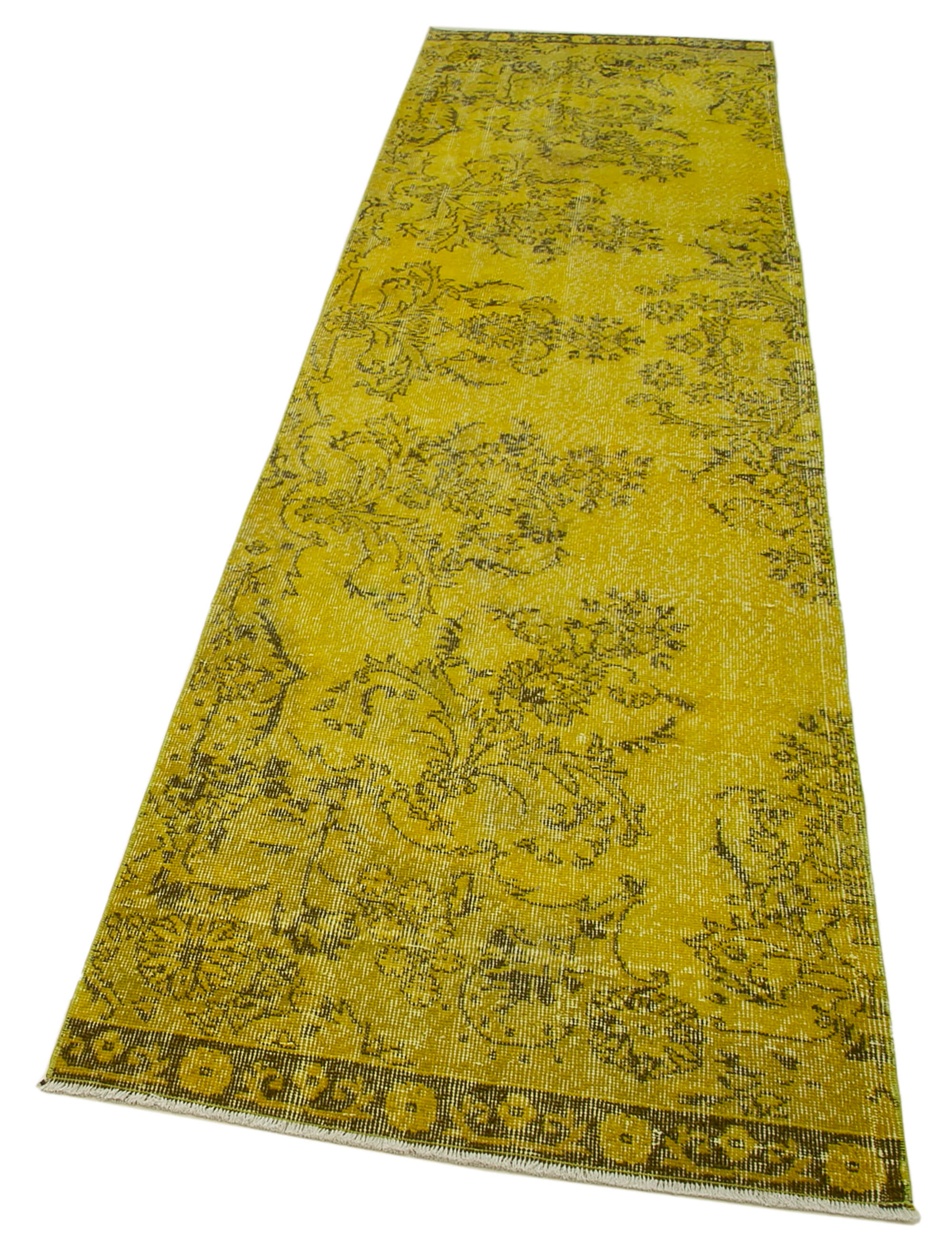 Vintage Area Rug – Handmade Wool Rug Overdyed Yellow Cotton Wool Carpet 2'9''x11'1''
