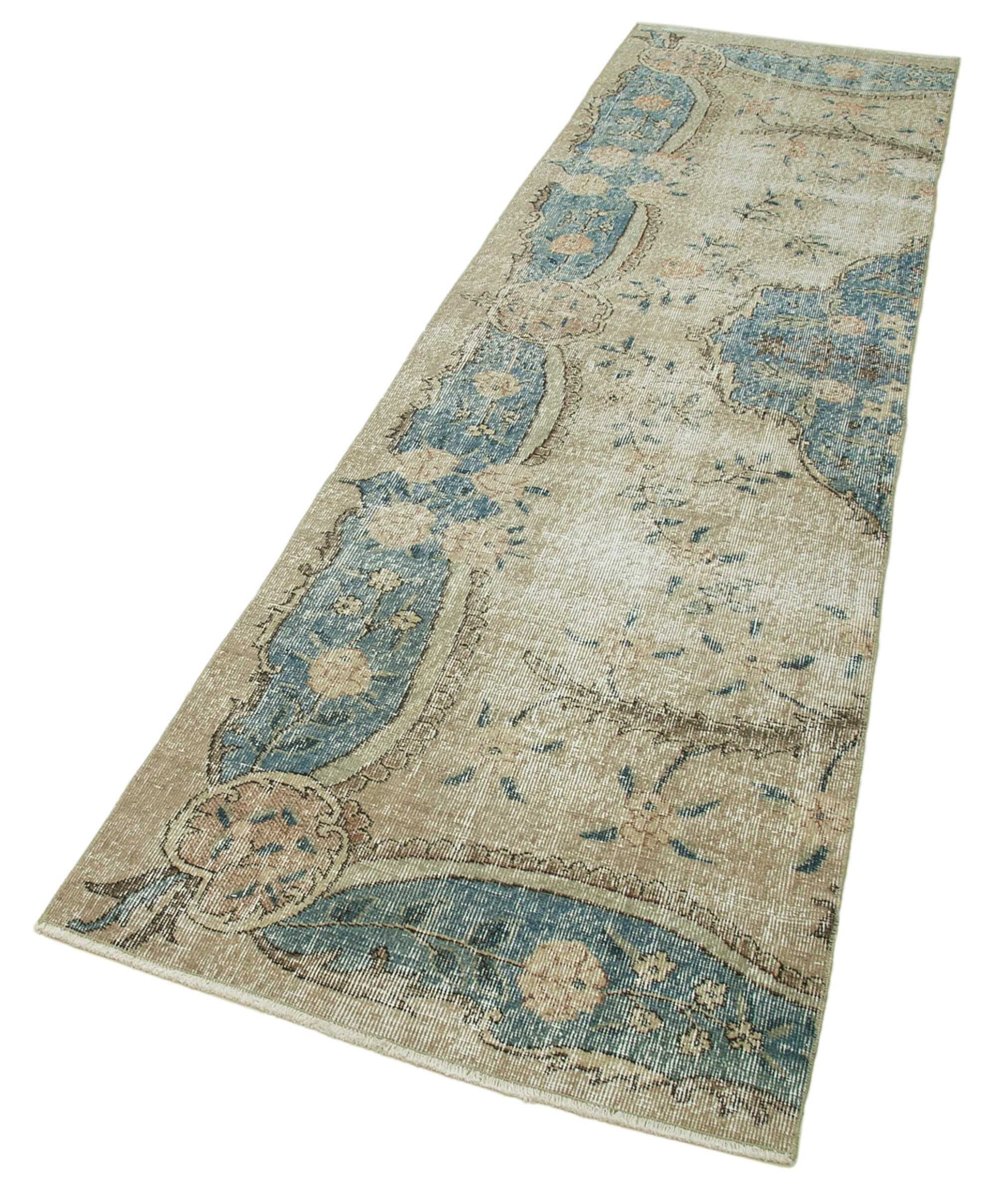 Vintage Area Rug – Hand Woven Overdyed Wool Rug 2'10'' x 10'3'' Neutral Beige