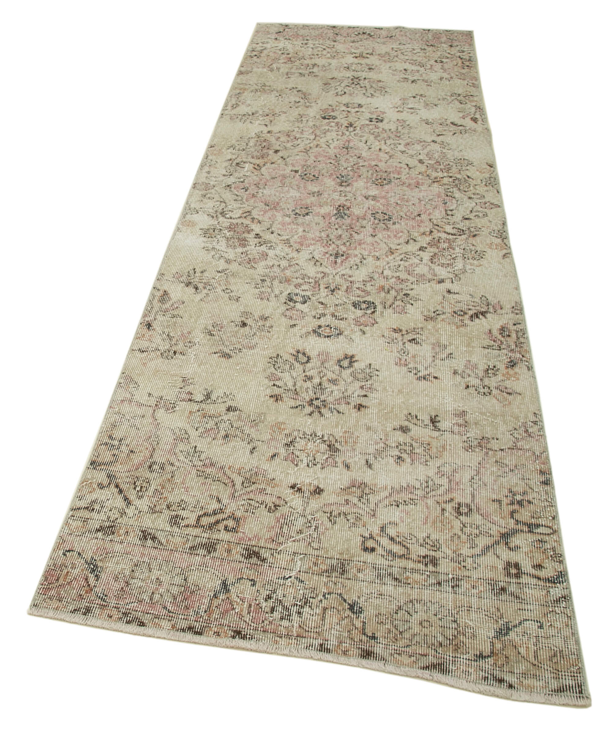 Vintage Handmade Area Rug – Overdyed Beige Turkish Wool Cotton Carpet 3'2''x10'6''