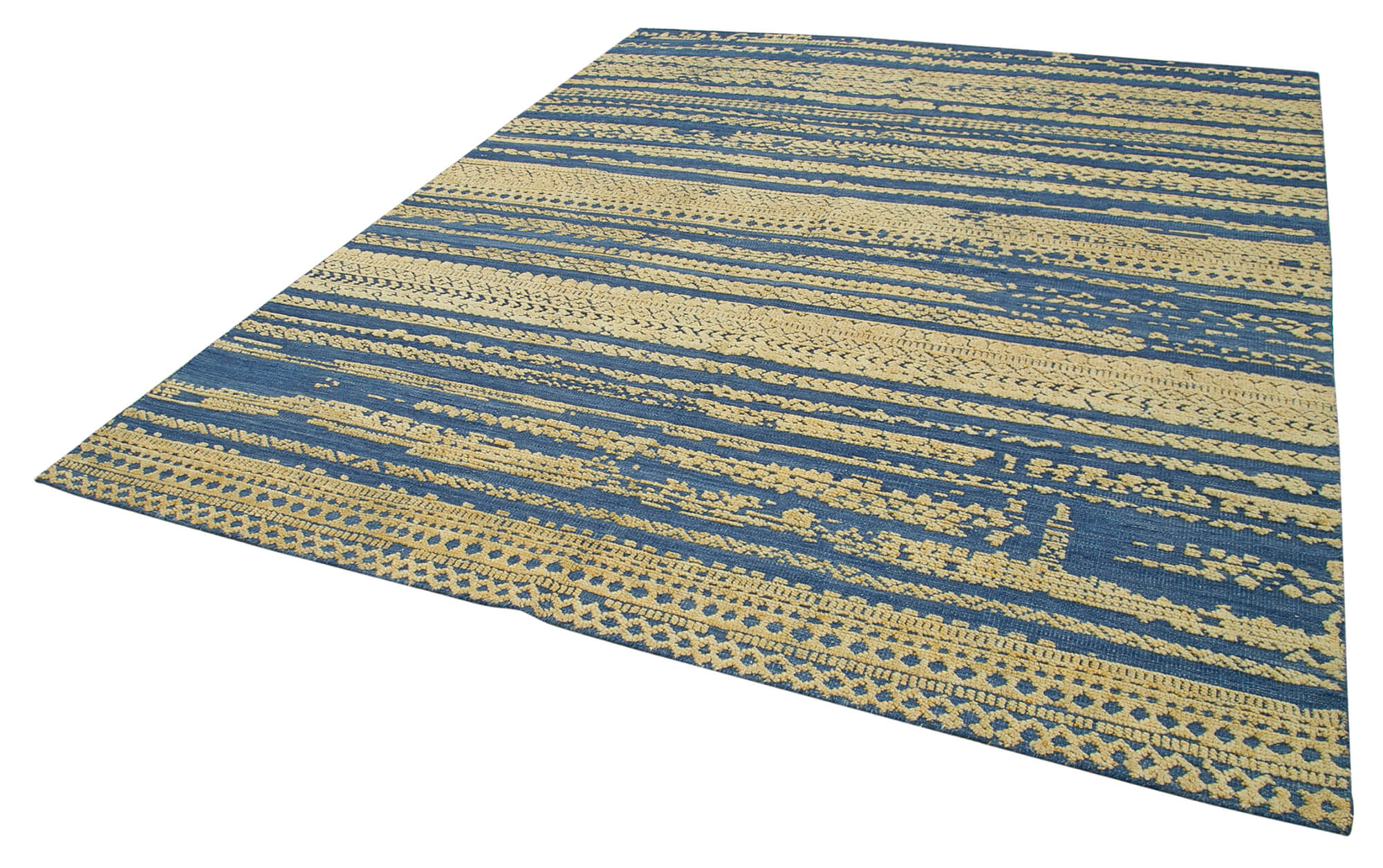 Handmade Wool Cotton Rug – Blue Geometric Pattern Carpet | Artisan Made Area Rug 8'x10'