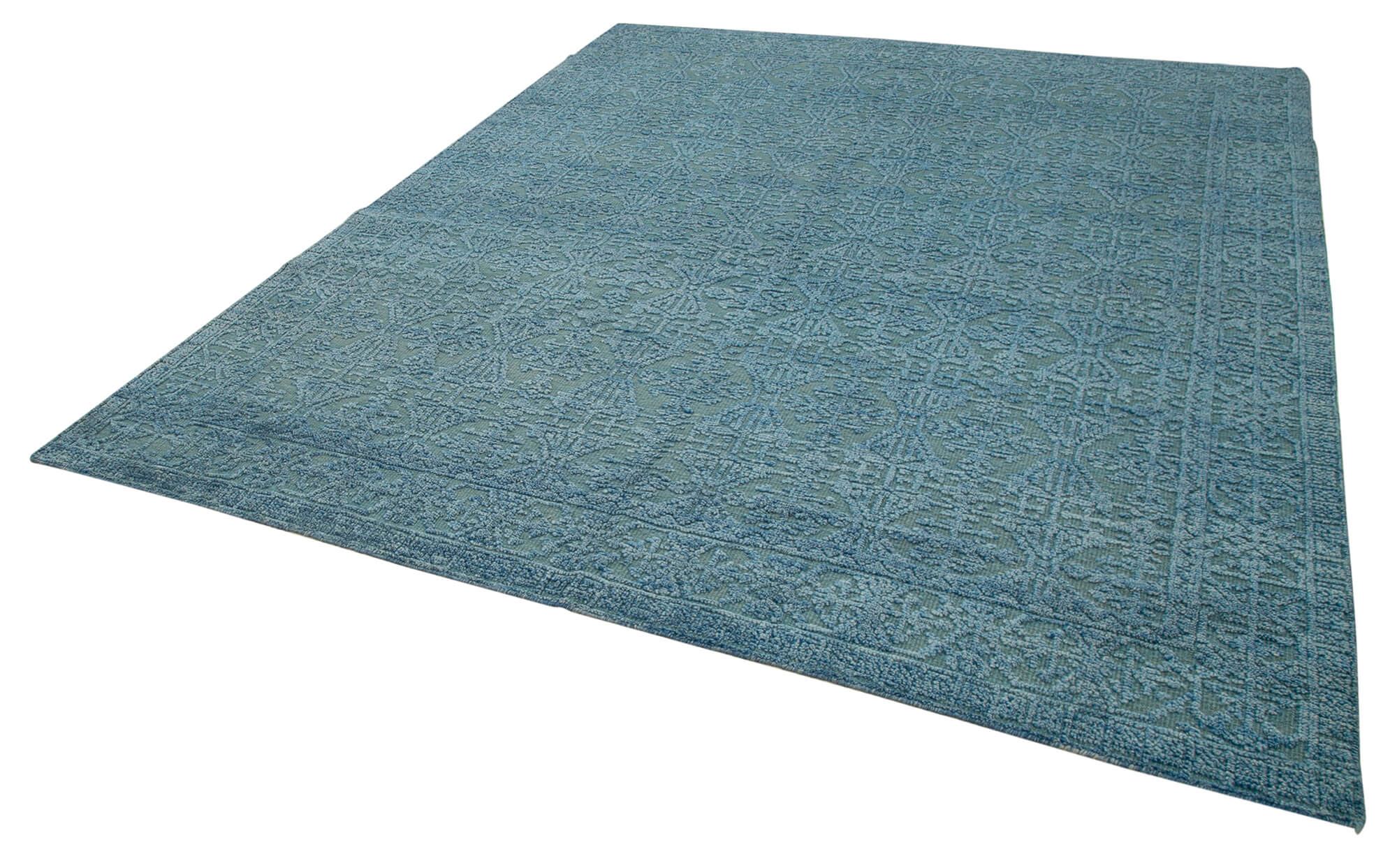 Handmade Wool Cotton Rug - Blue Geometric Pattern Carpet 8x10 Vintage Turkish Rug