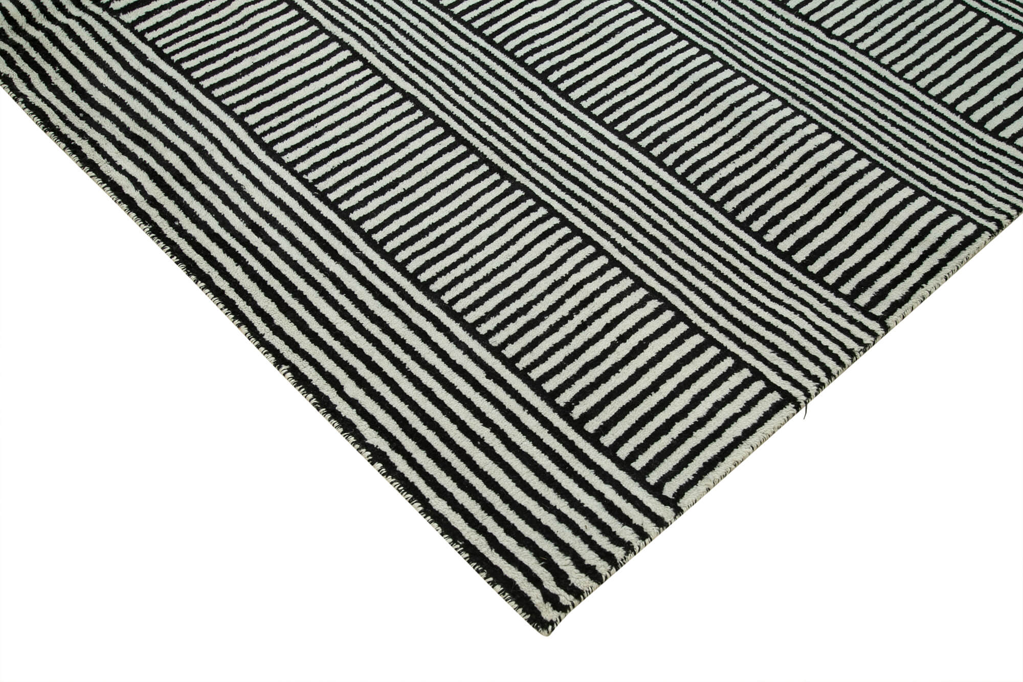 Handmade Wool Cotton Rug - Black Geometric Area Rug, Durable Soft Textured Carpet 9'1''x11'8''