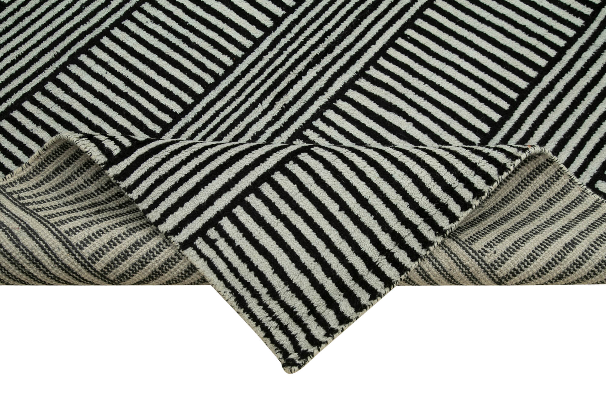 Handmade Wool Cotton Rug - Black Geometric Area Rug, Durable Soft Textured Carpet 9'1''x11'8''