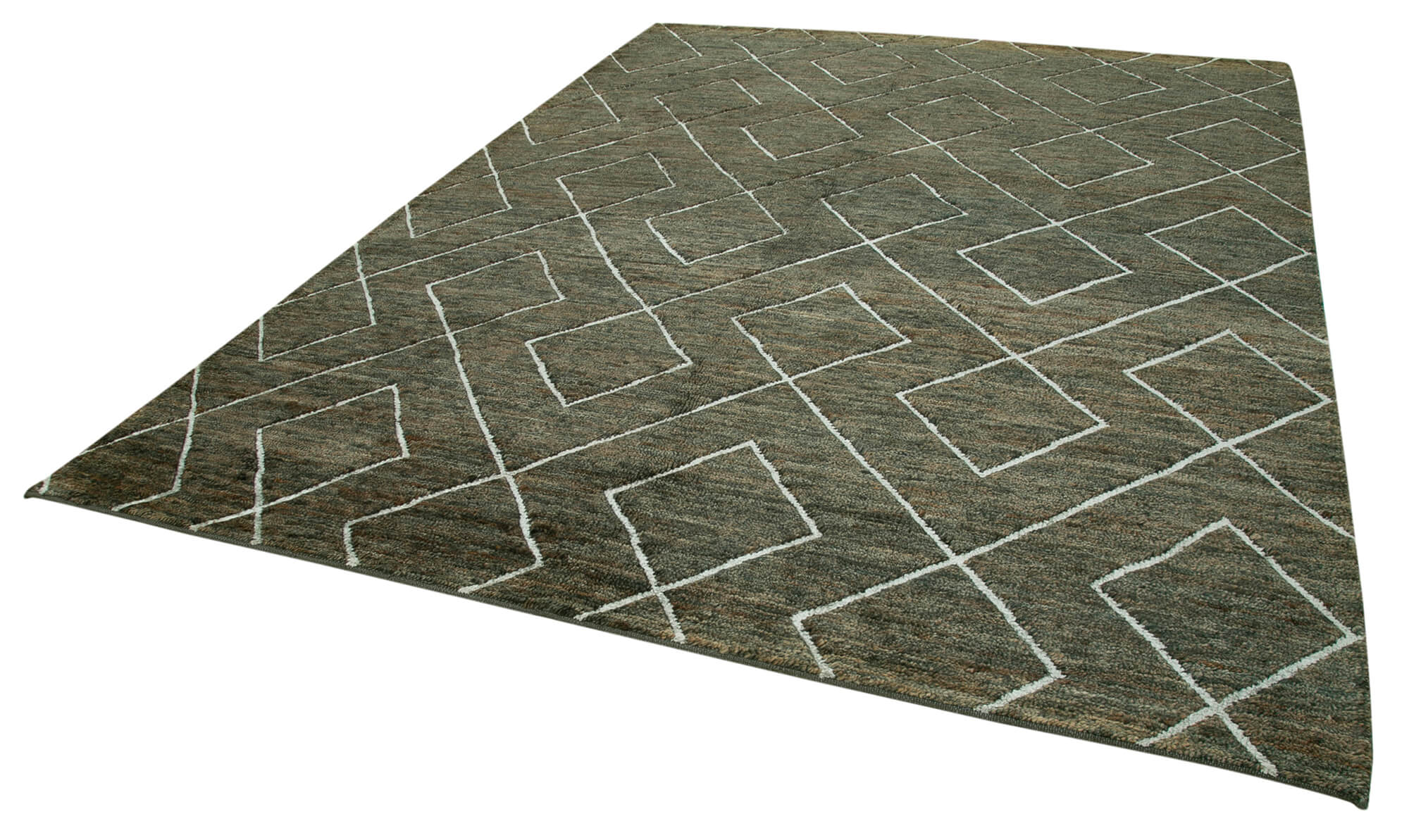Handmade Wool Cotton Rug – Green Geometric Vintage Turkish Carpet 9'5''x12'4''
