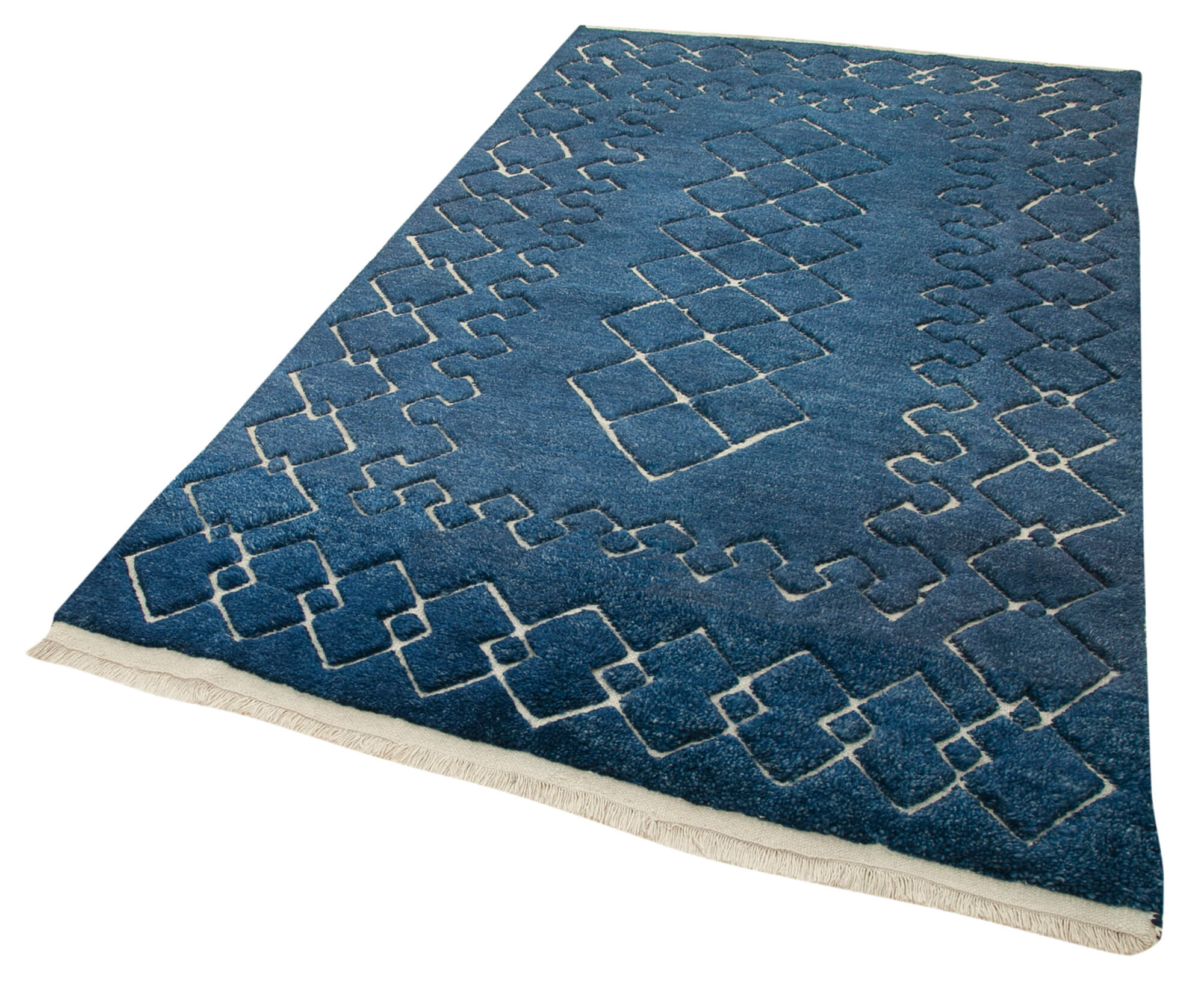 Handmade Wool Cotton Rug - Blue Geometric Area Rug 5'0" x 8'0" Durable Cotton Blend Carpet