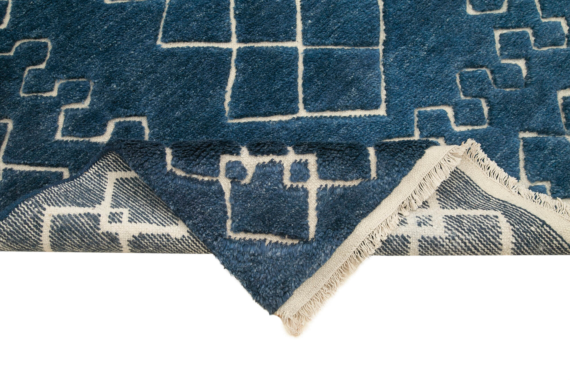 Handmade Wool Cotton Rug - Blue Geometric Area Rug 5'0" x 8'0" Durable Cotton Blend Carpet
