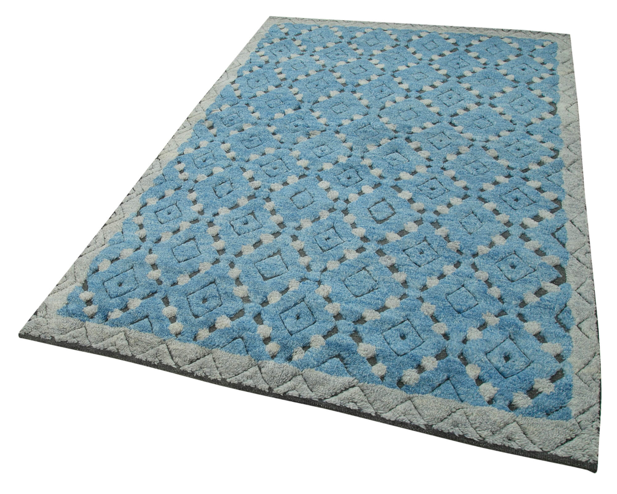 Handmade Wool Cotton Rug - Blue Geometric 5x8 Feet Vintage Turkish Carpet