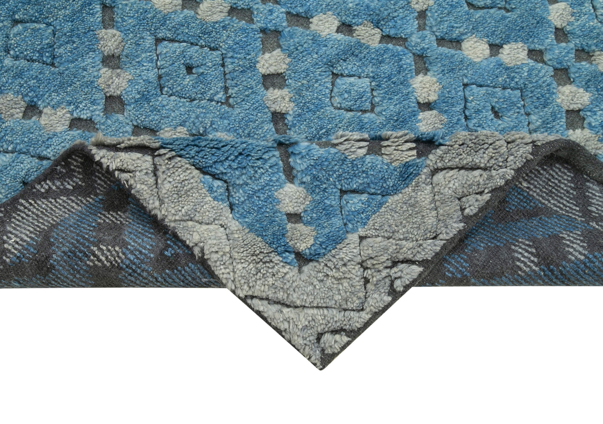 Handmade Wool Cotton Rug - Blue Geometric 5x8 Feet Vintage Turkish Carpet