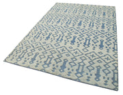 Handmade Wool Cotton Rug – Blue Geometric Pattern Vintage Area Rug 5'x8'