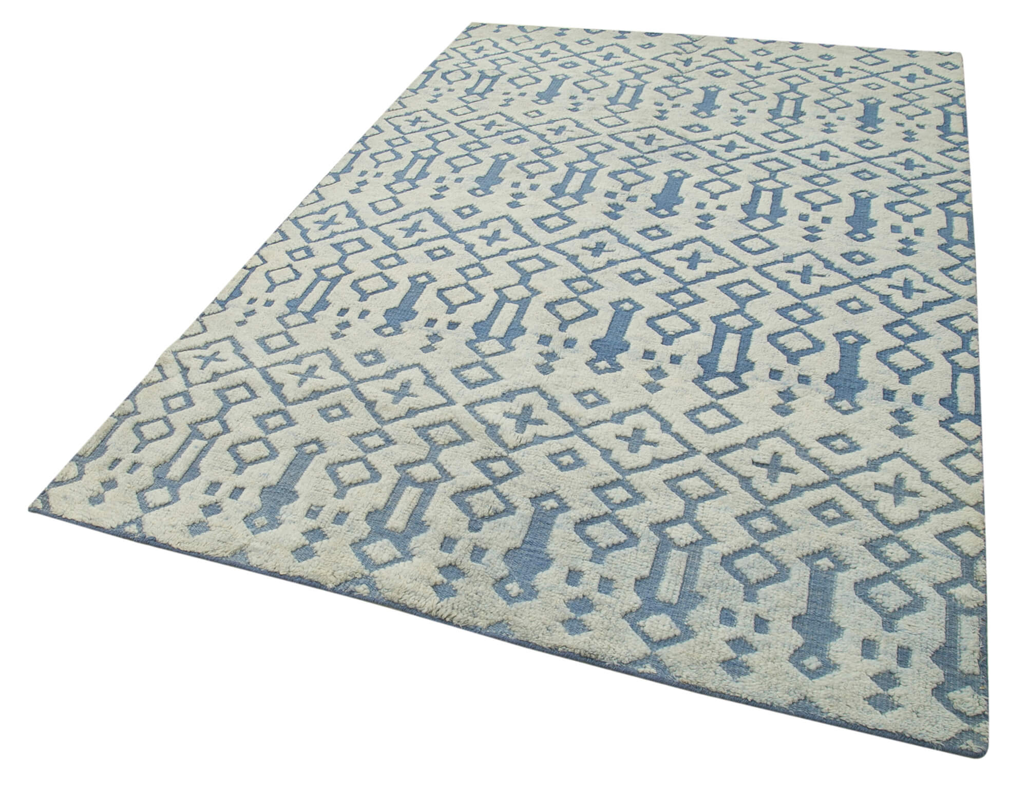 Handmade Wool Cotton Rug – Blue Geometric Pattern Vintage Area Rug 5'x8'