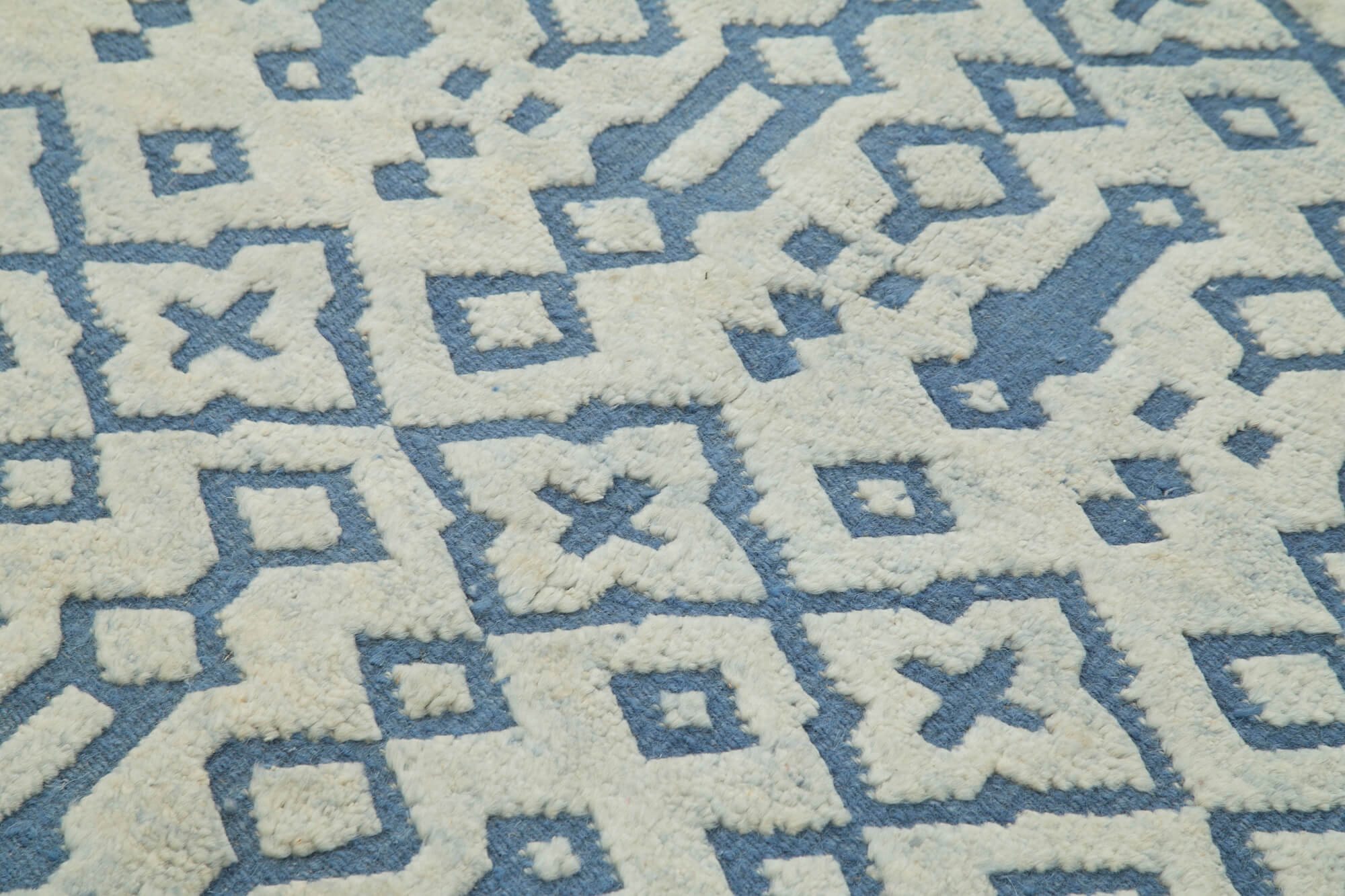 Handmade Wool Cotton Rug – Blue Geometric Pattern Vintage Area Rug 5'x8'