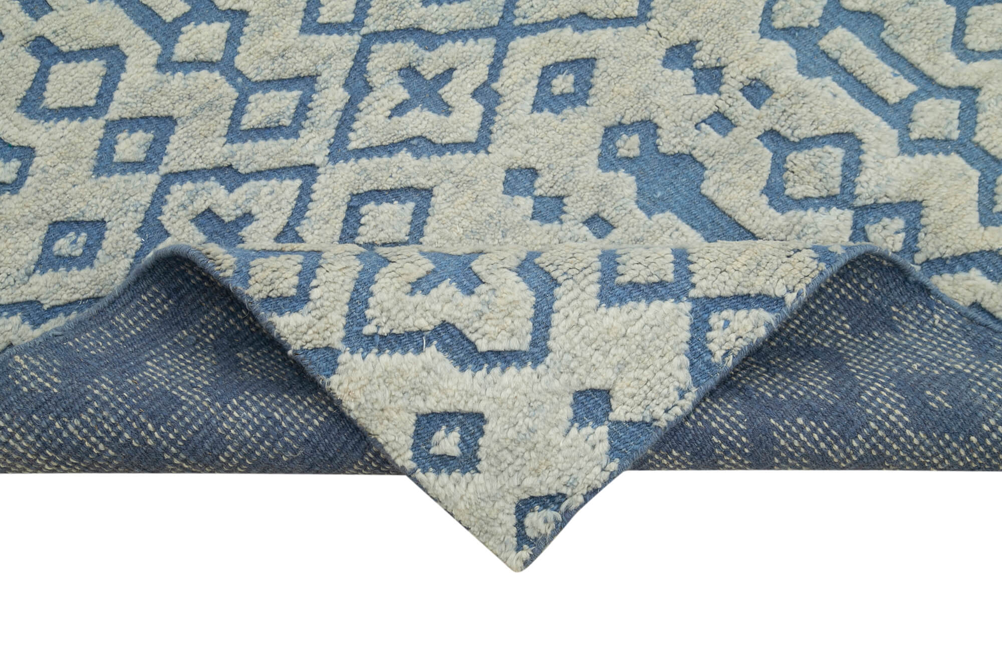 Handmade Wool Cotton Rug – Blue Geometric Pattern Vintage Area Rug 5'x8'
