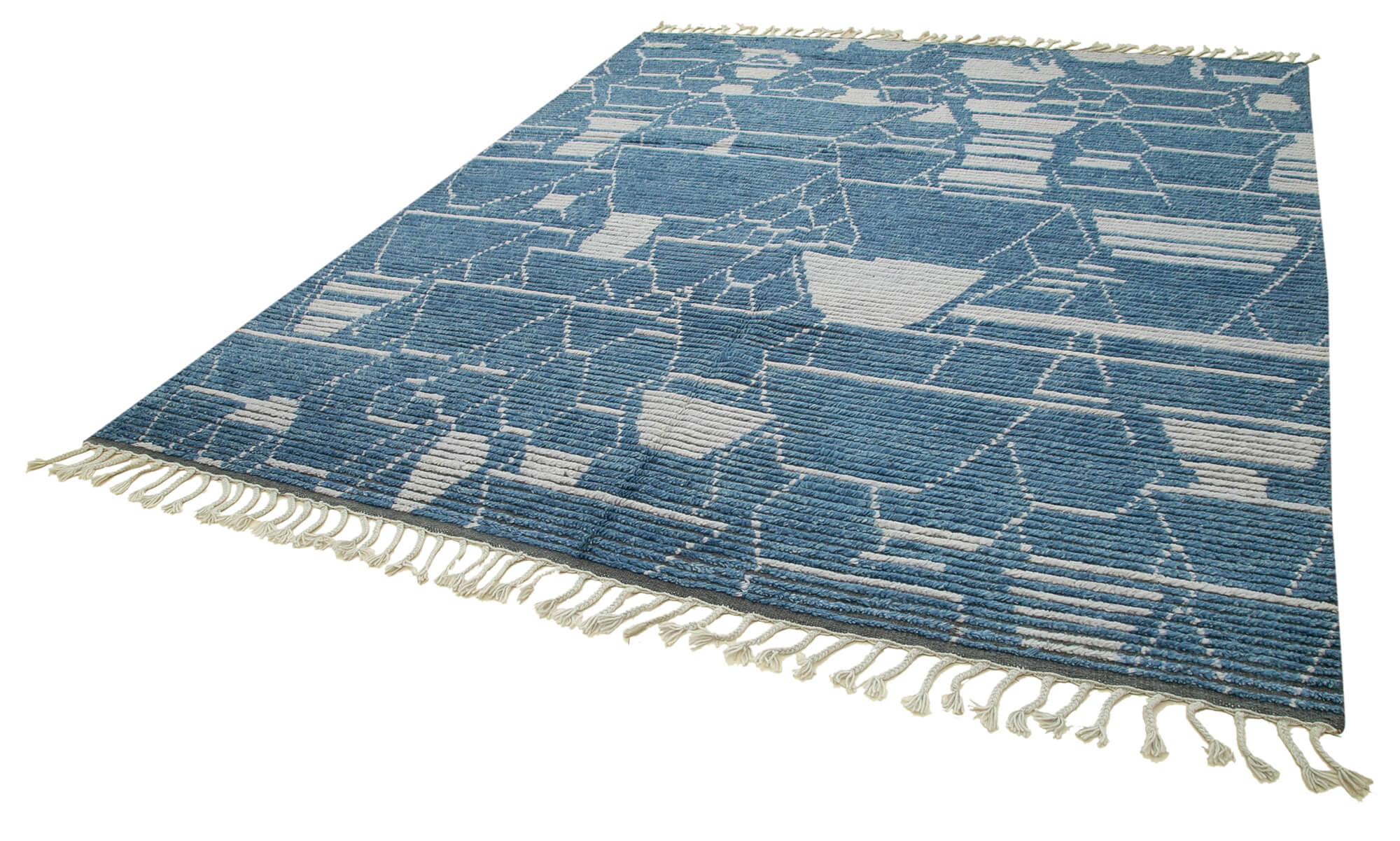 Handmade Wool Cotton Rug – Blue Geometric Pattern Carpet | Vintage Turkish Carpet 8'6''x10'