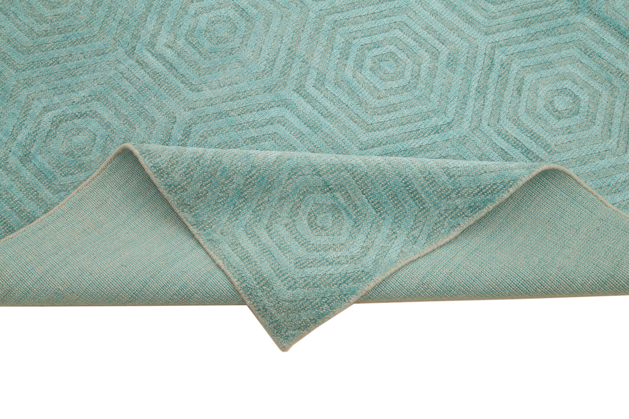 Handmade Wool Cotton Rug – Turquoise Geometric Pattern Rug | Vintage Turkish Wool Carpet