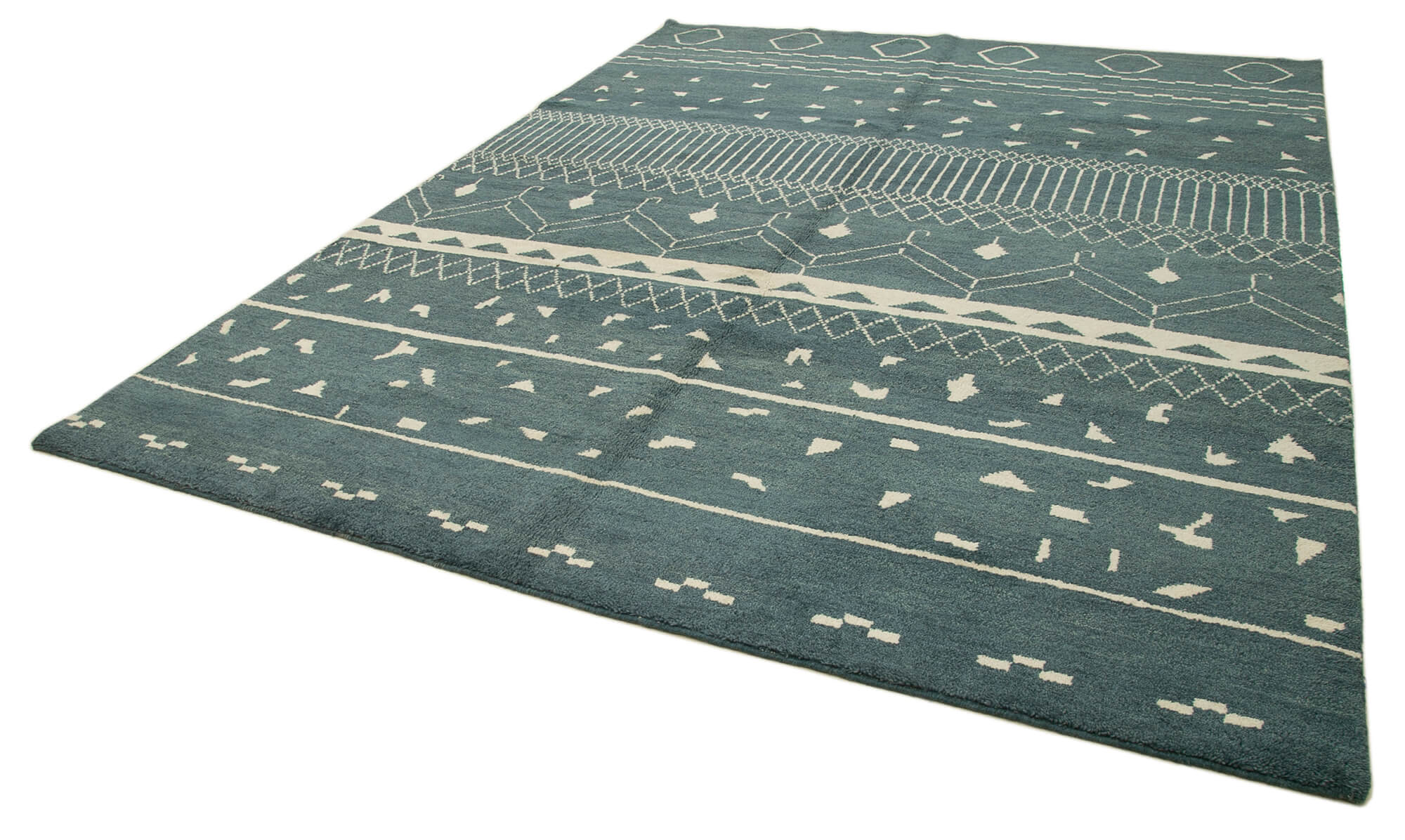 Handmade Wool Cotton Rug – Blue Geometric Area Rug, Vintage Turkish Carpet 9'2''x12'