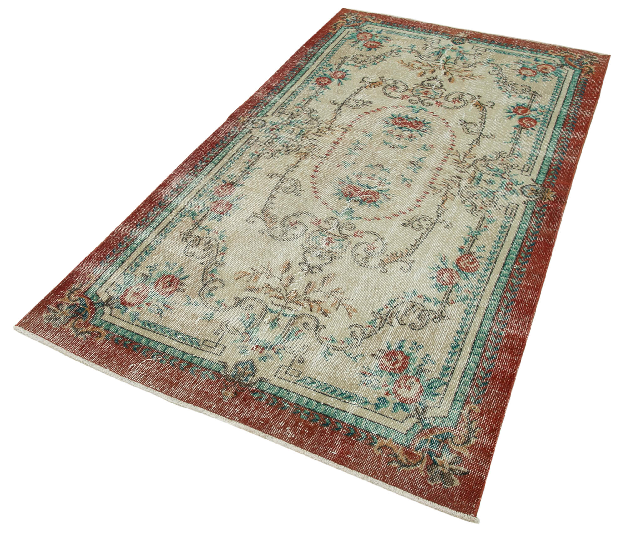Vintage Handmade Area Rug – Overdyed Beige Turkish Wool Cotton Carpet 3'10" x 7'1"