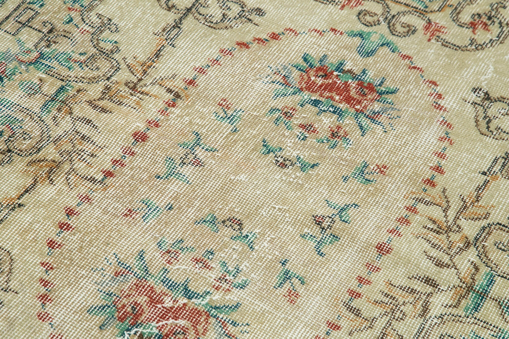 Vintage Handmade Area Rug – Overdyed Beige Turkish Wool Cotton Carpet 3'10" x 7'1"