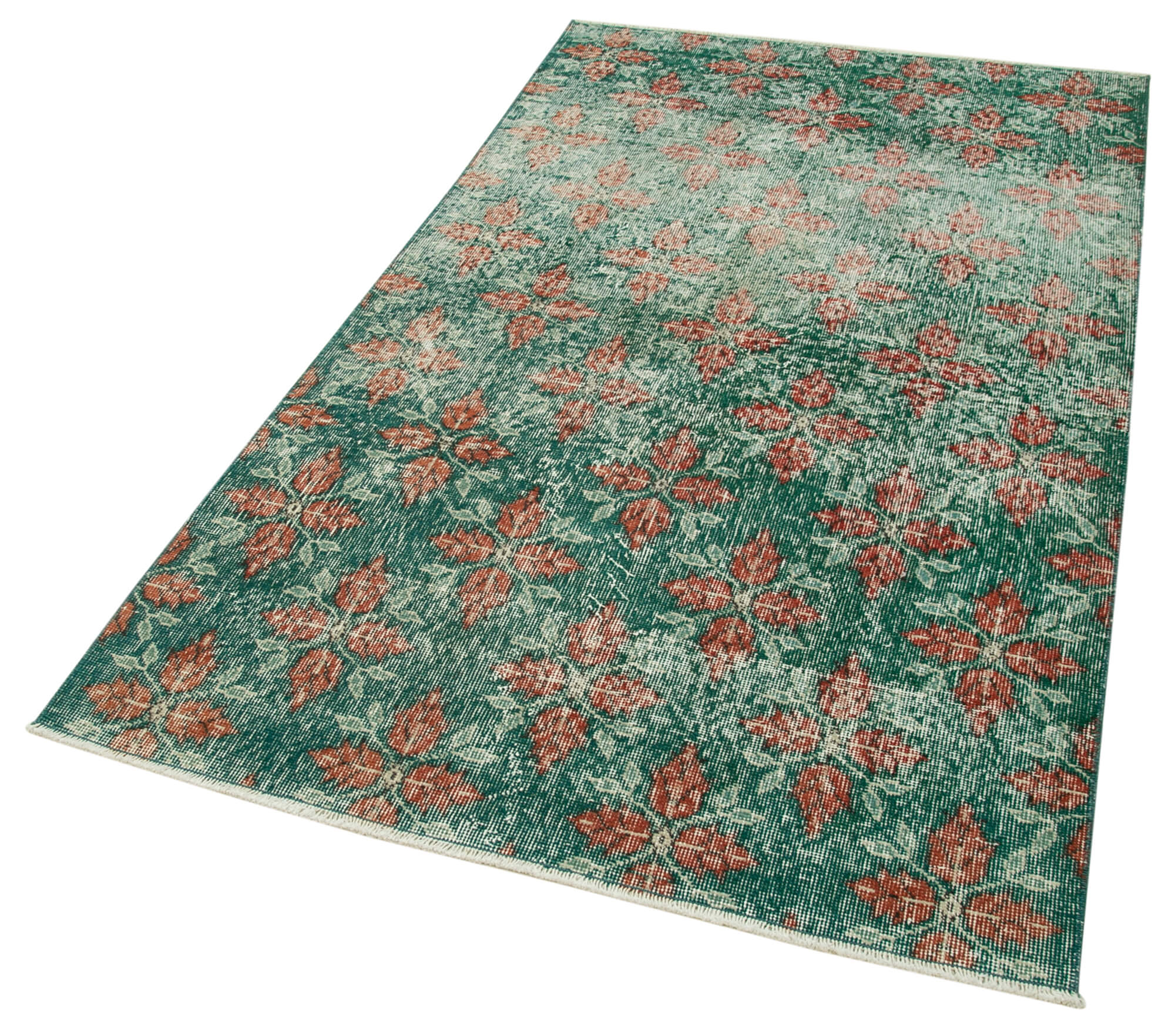 Handmade Vintage Area Rug – Overdyed Green Cotton Wool Carpet 3'10''x6'6''