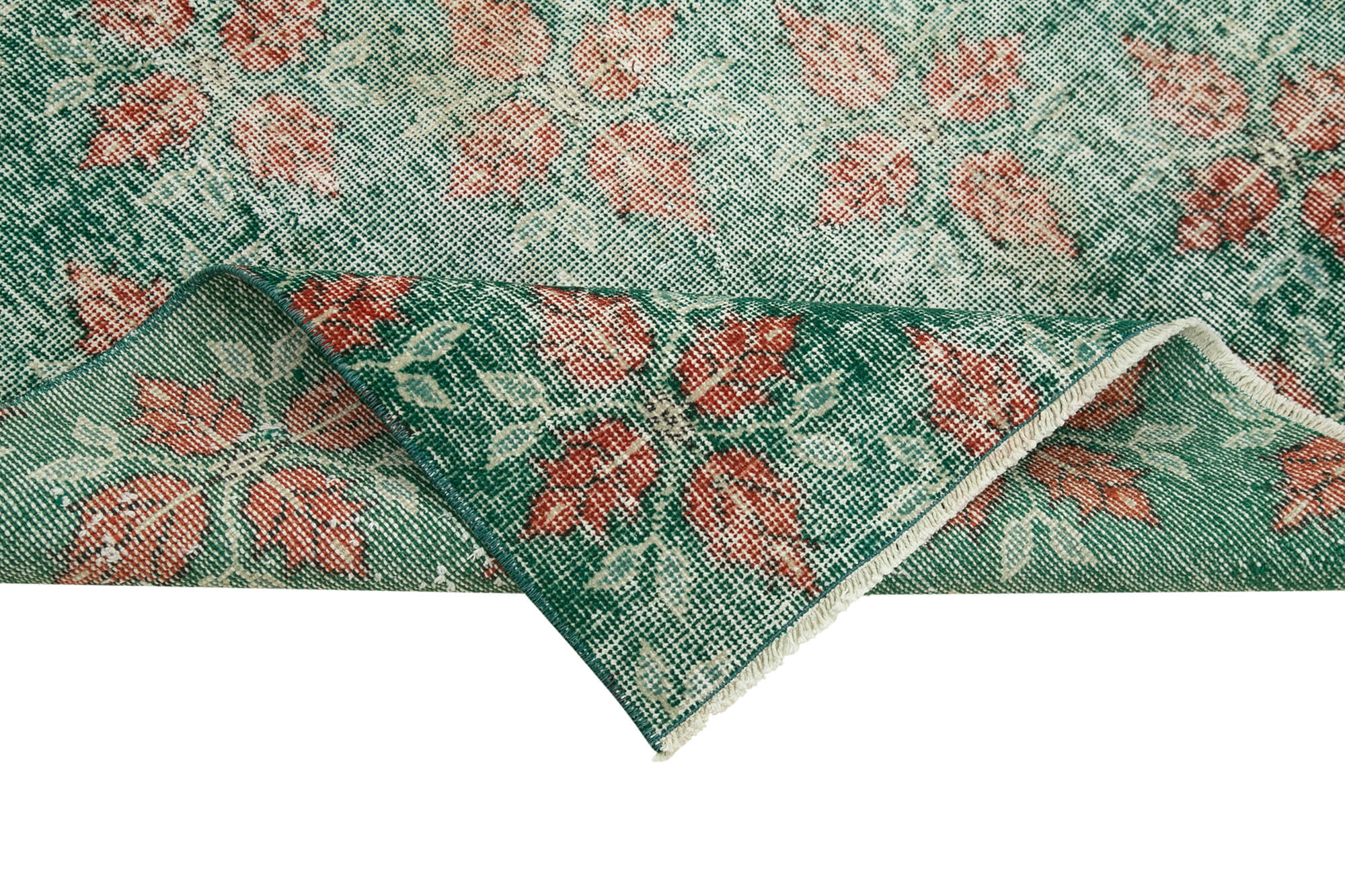 Handmade Vintage Area Rug – Overdyed Green Cotton Wool Carpet 3'10''x6'6''