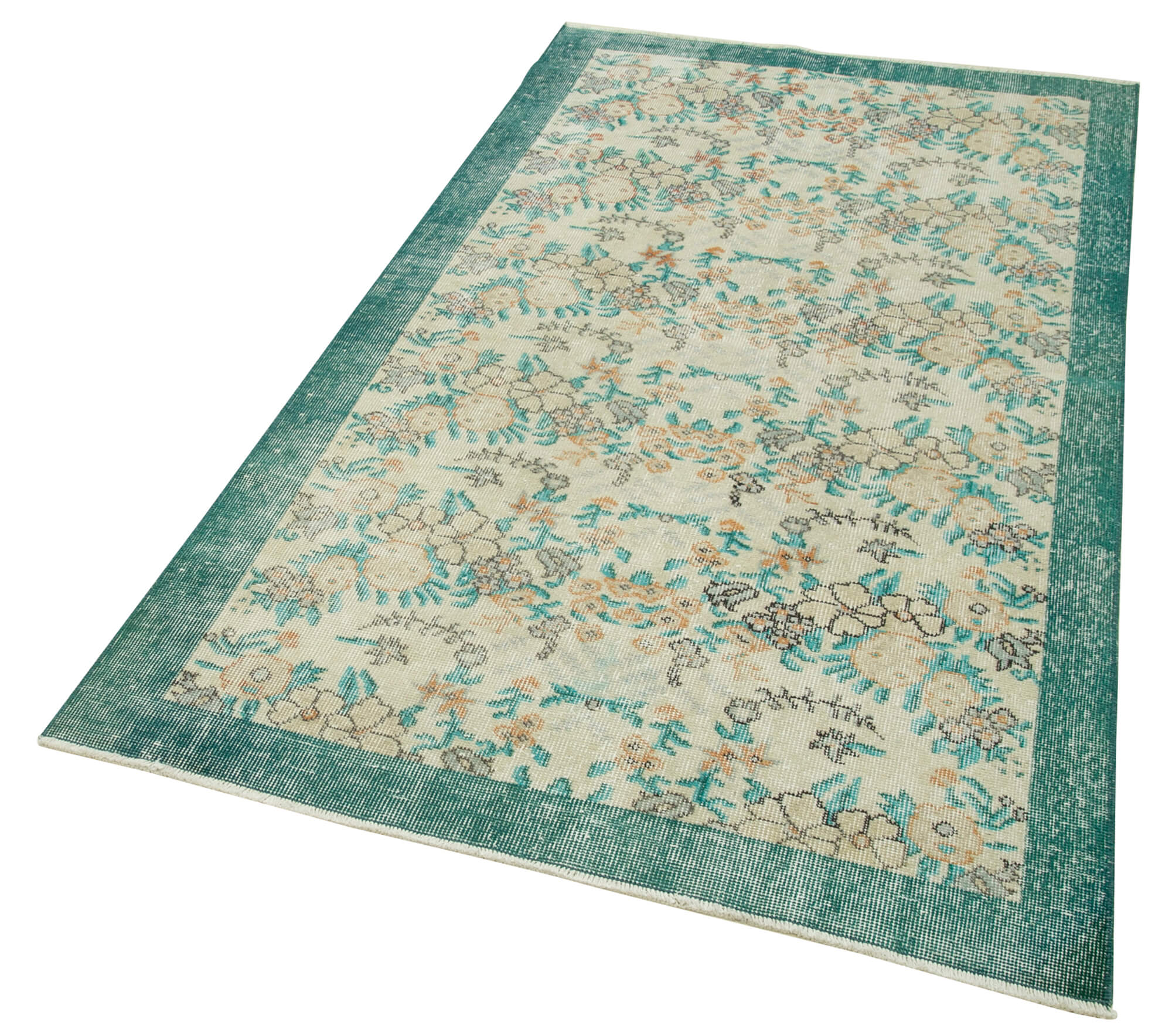 Handmade Vintage Area Rug – Overdyed Green Wool Cotton Carpet 3'9''x6'9''