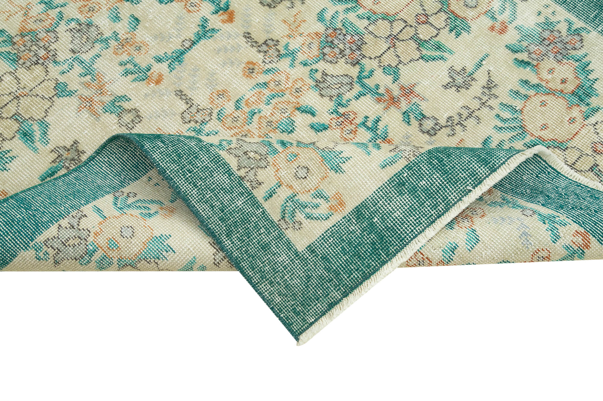 Handmade Vintage Area Rug – Overdyed Green Wool Cotton Carpet 3'9''x6'9''